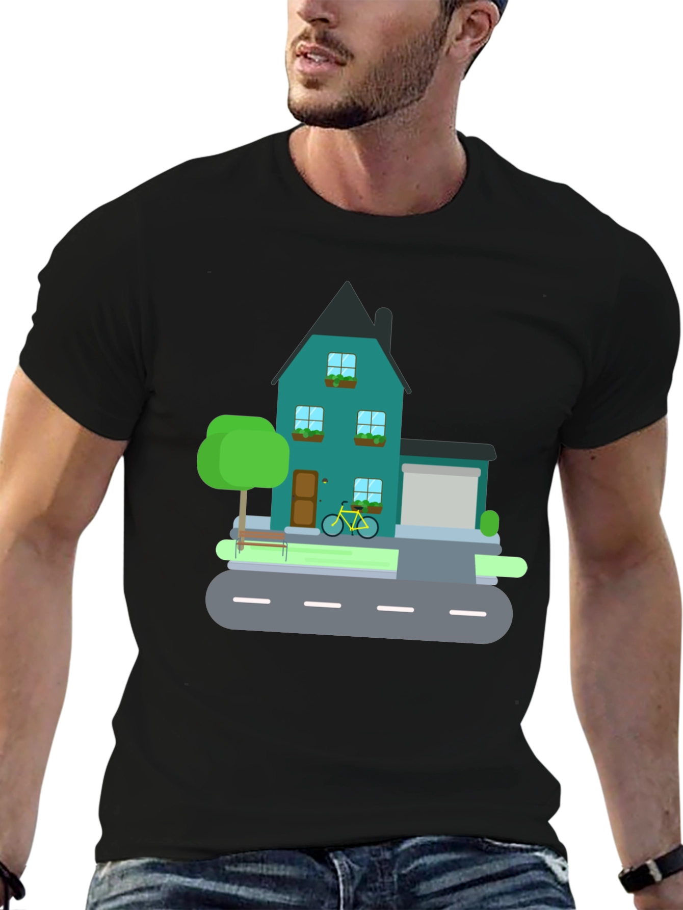 House and Bike Graphic Tee - Black Casual Shirt