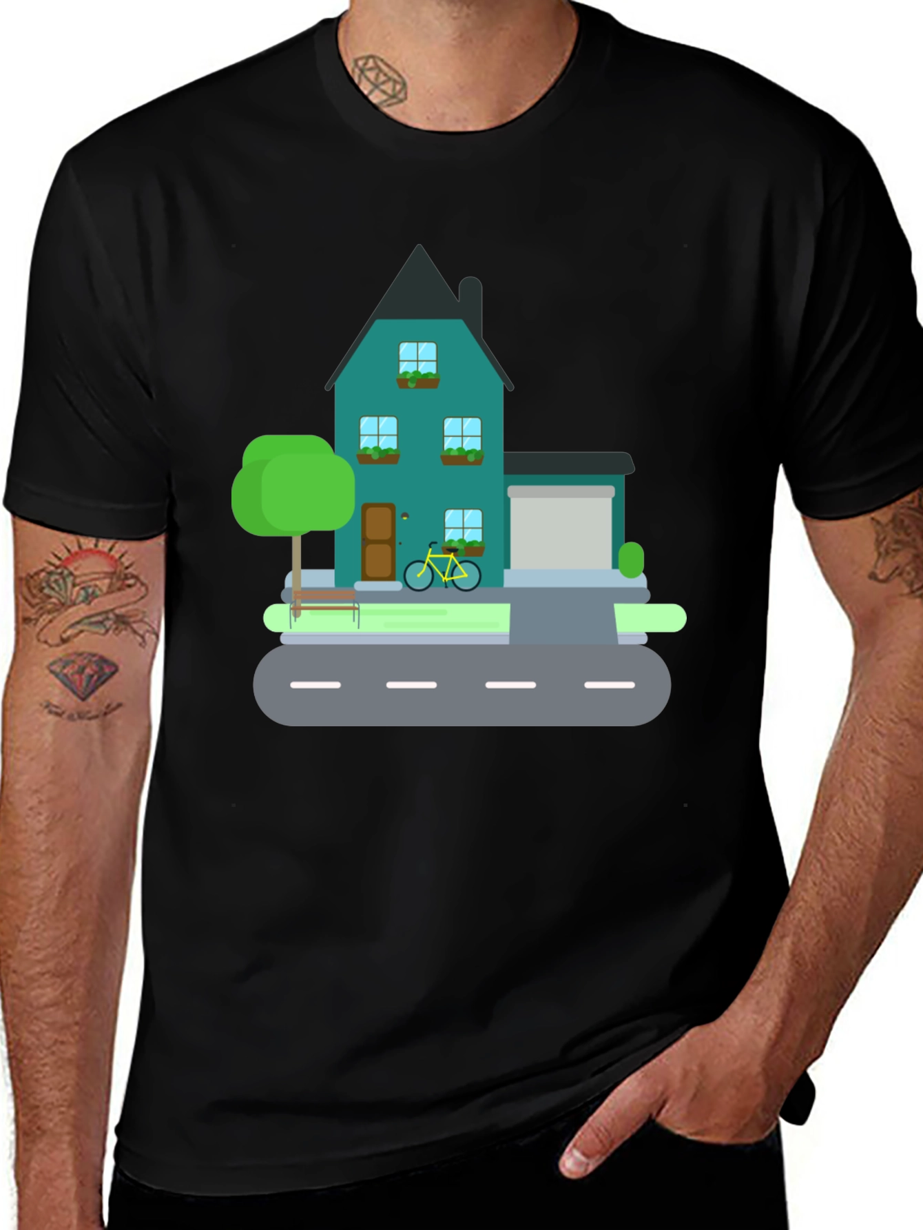 House and Bike Graphic Tee - Black Casual Shirt