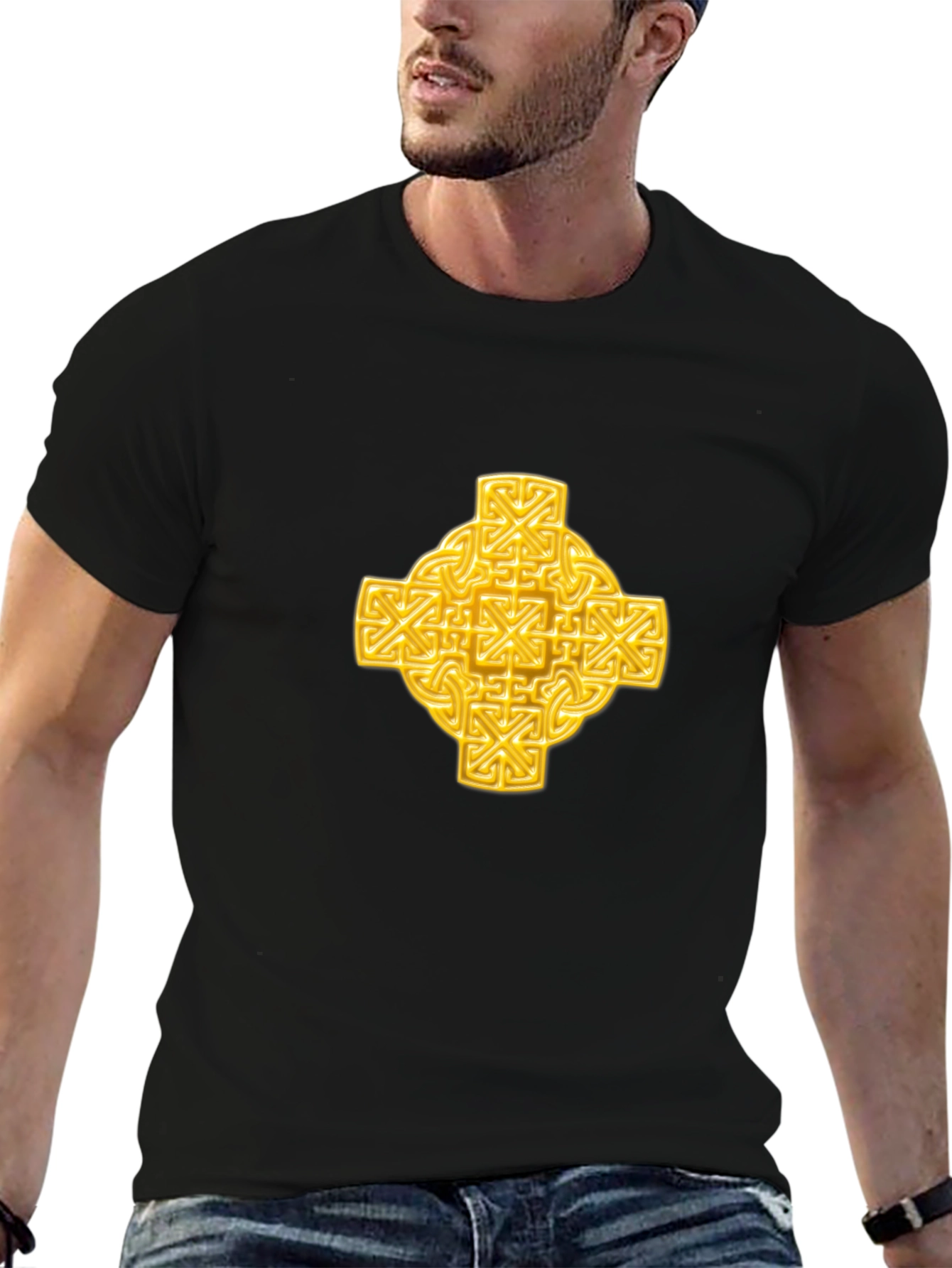 Celtic Knot Cross Graphic Tee - Black Cotton T-Shirt