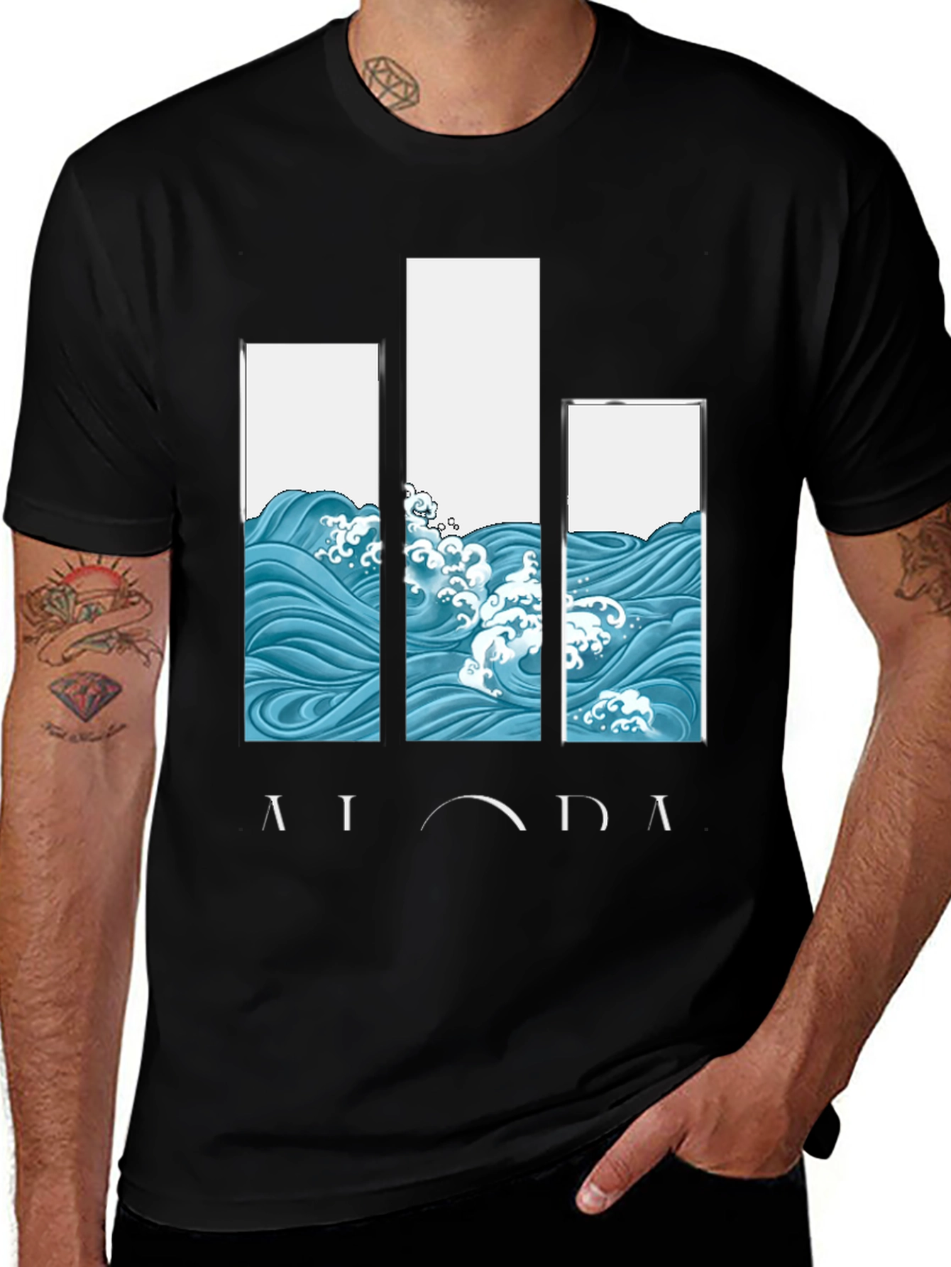 Aloha Wave Print Black Graphic Tee