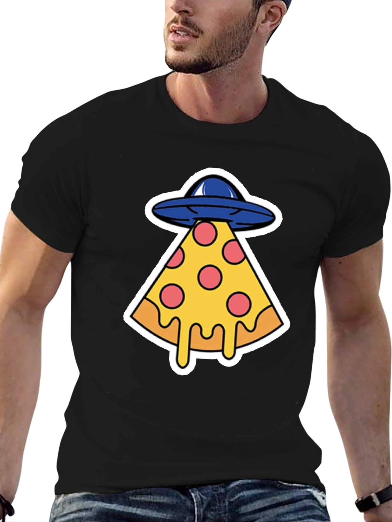 Pizza Abduction Graphic T-Shirt - Black Cotton Tee