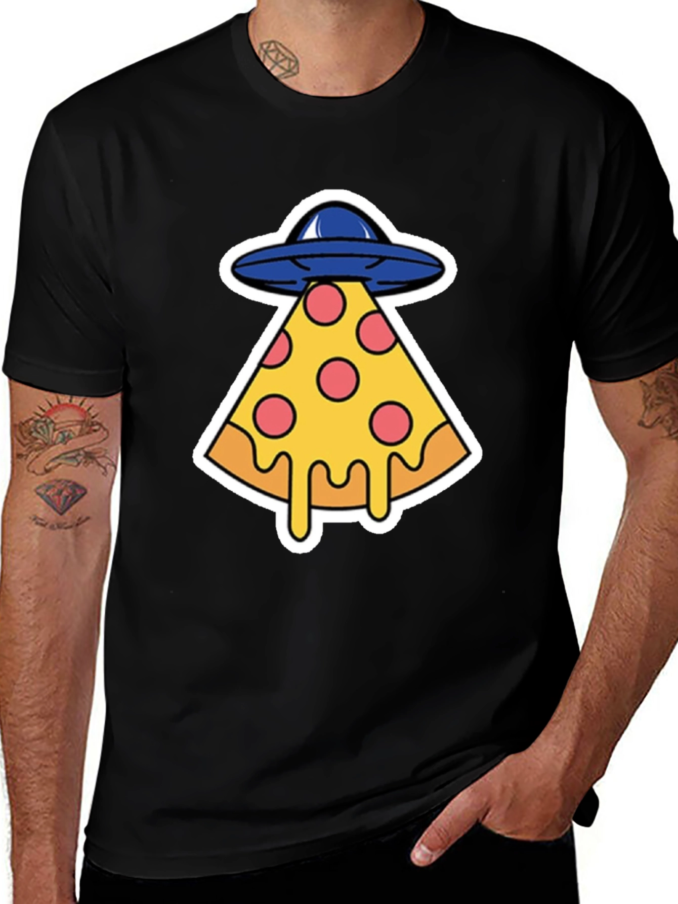 Pizza Abduction Graphic T-Shirt - Black Cotton Tee