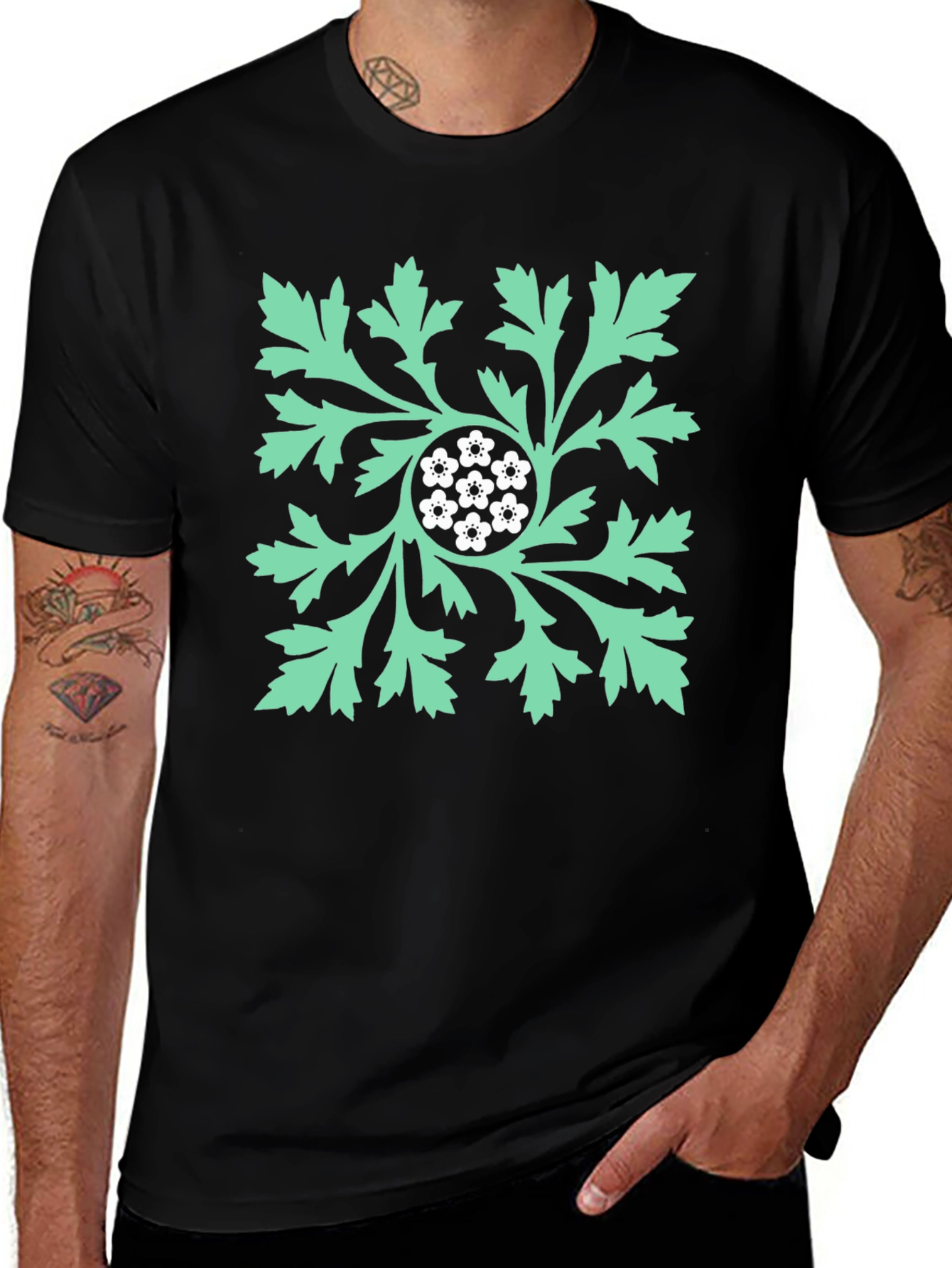 Floral Leaf Graphic Print Black T-Shirt