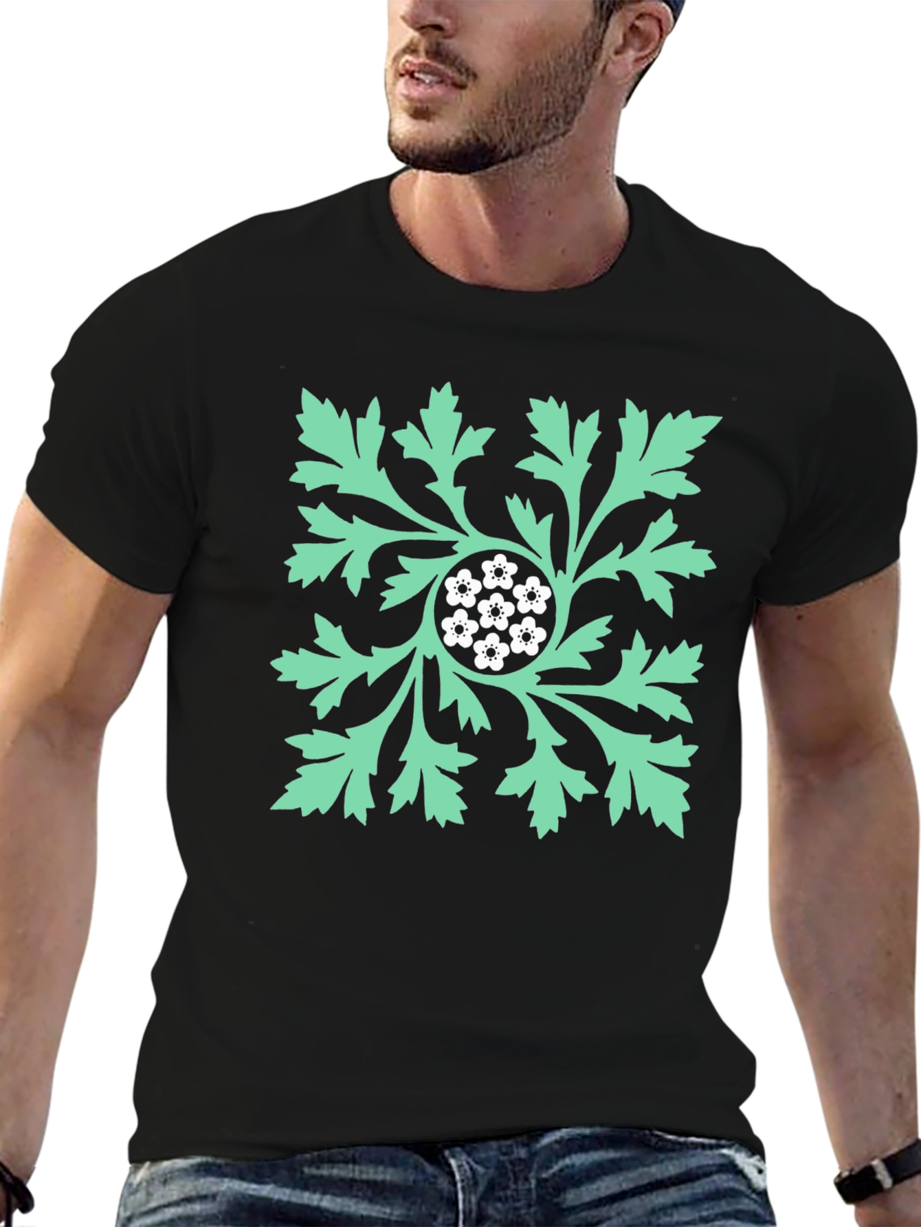 Floral Leaf Graphic Print Black T-Shirt