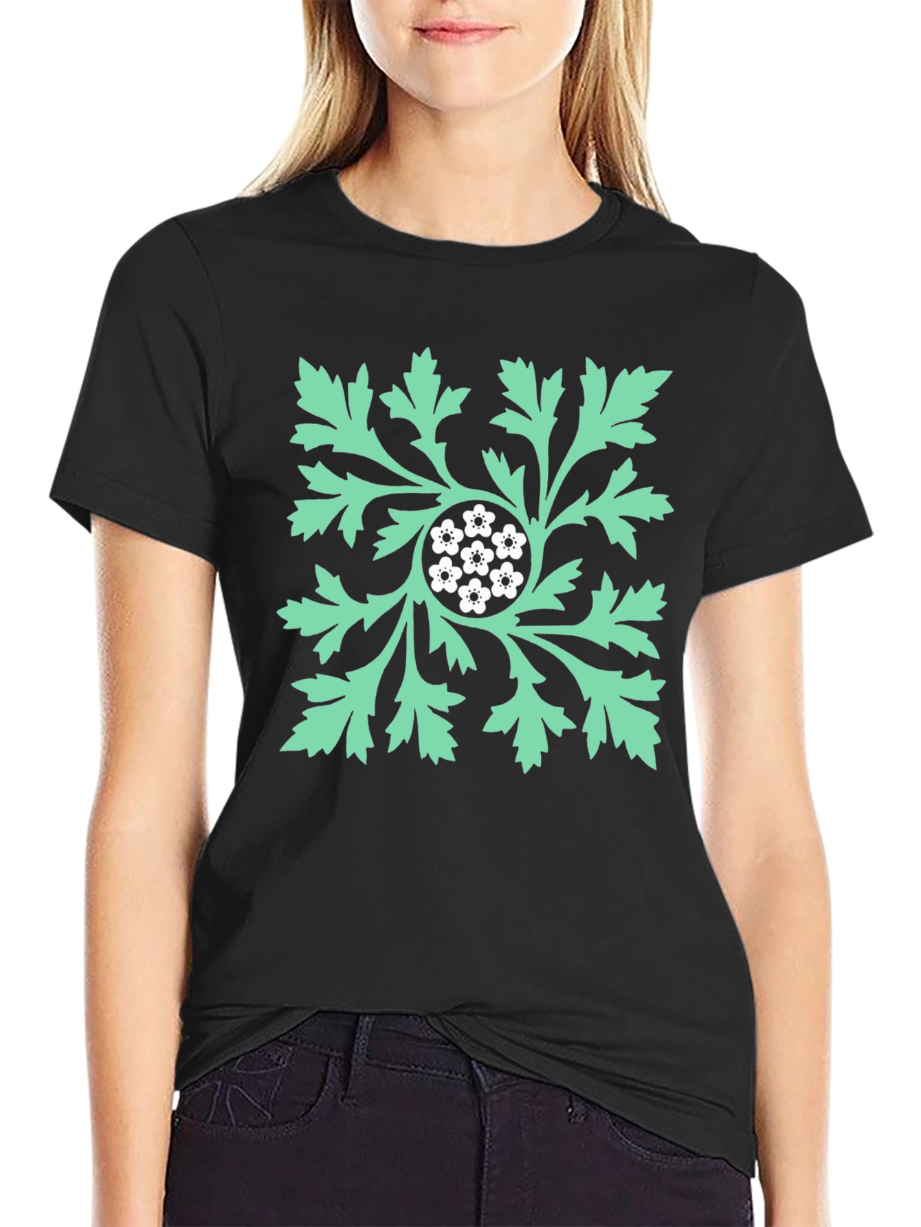 Floral Leaf Graphic Print Black T-Shirt
