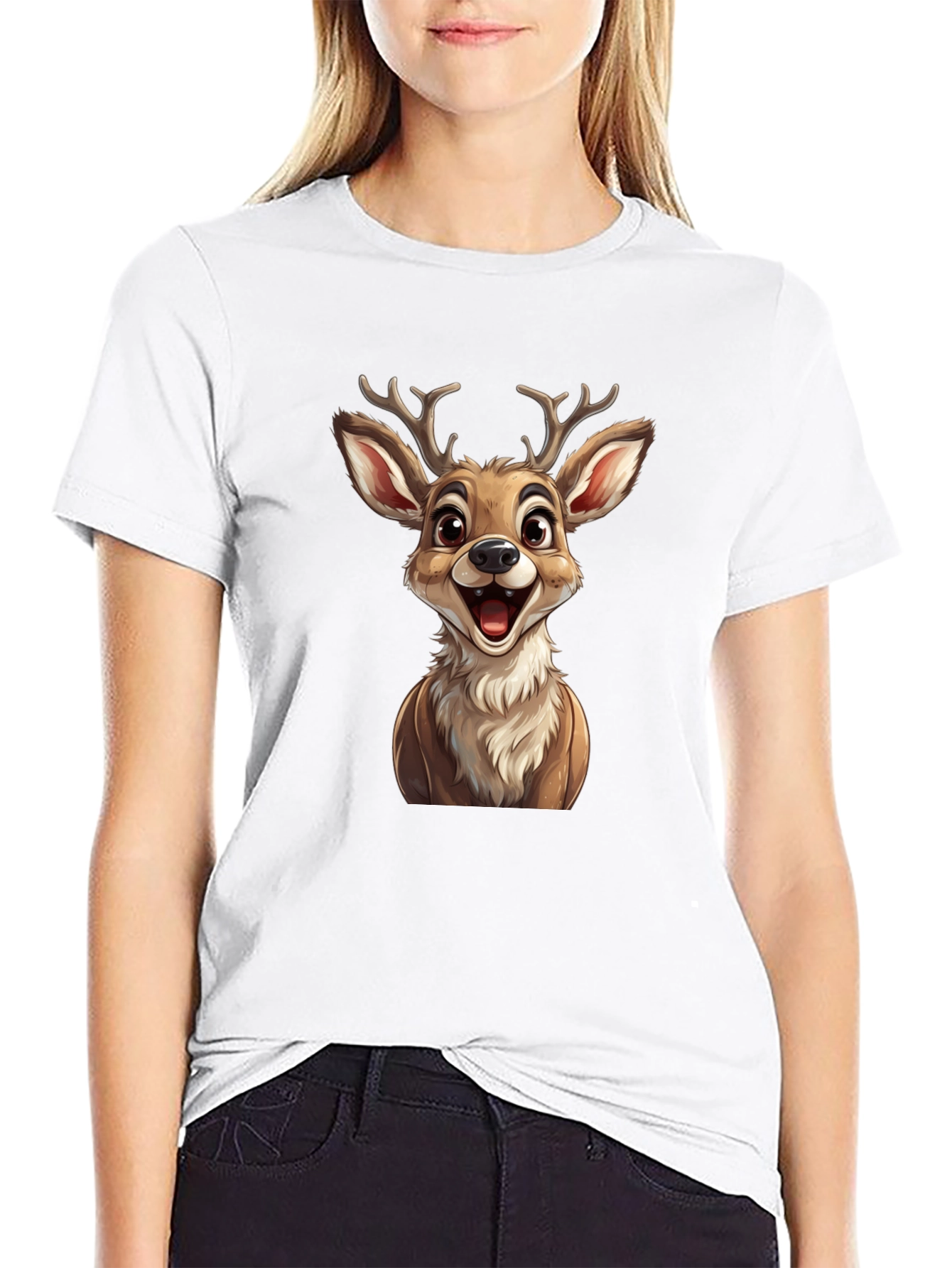 Cute Cartoon Deer Graphic T-Shirt - Black