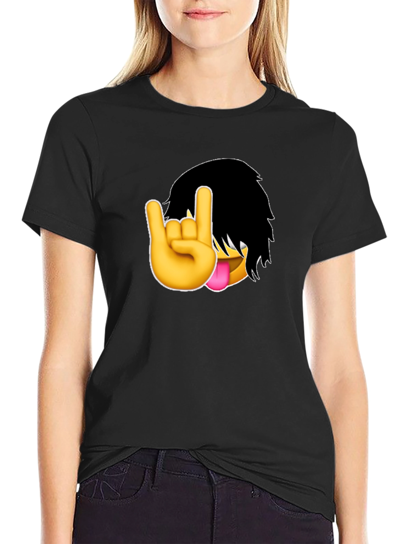 Emo Emoji Rock On Hand Black T-Shirt