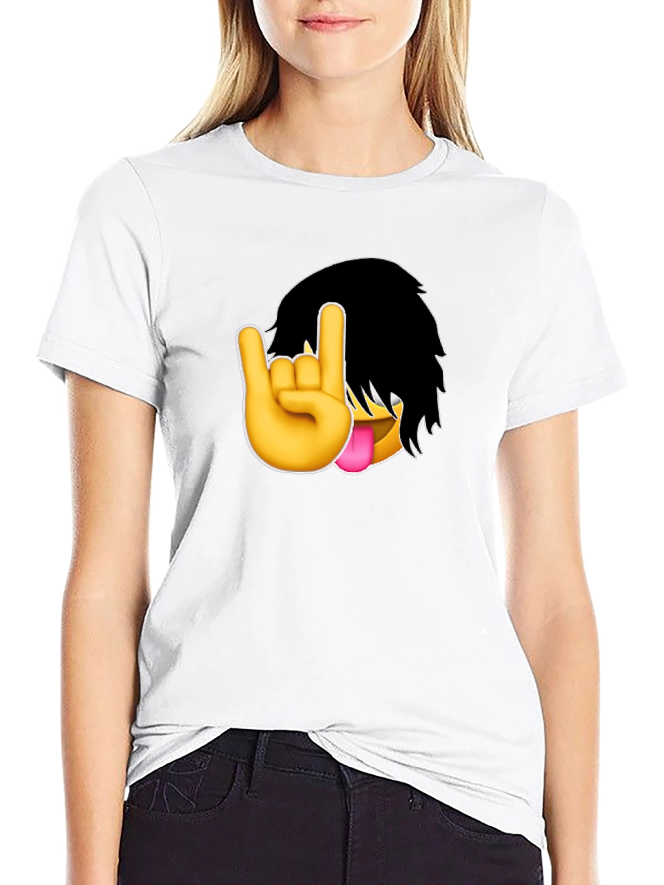 Emo Emoji Rock On Hand Black T-Shirt