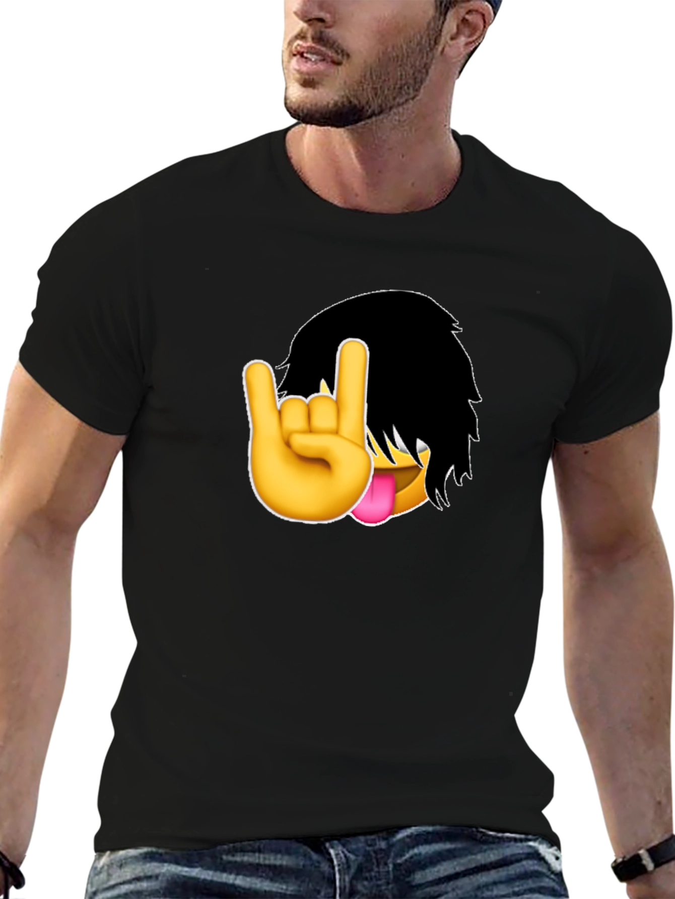 Emo Emoji Rock On Hand Black T-Shirt