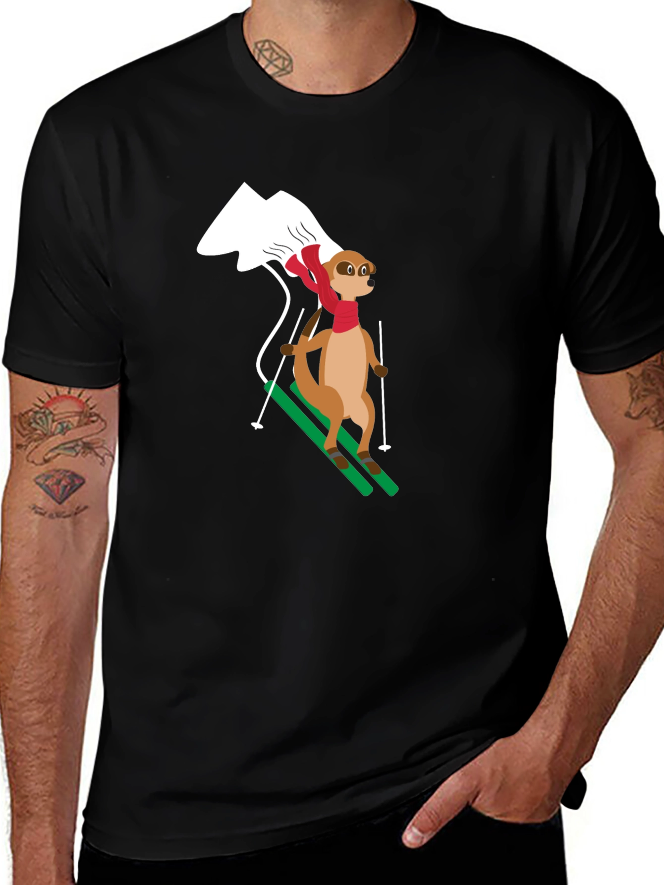 Skiing Meerkat T-Shirt - Black Cotton Tee