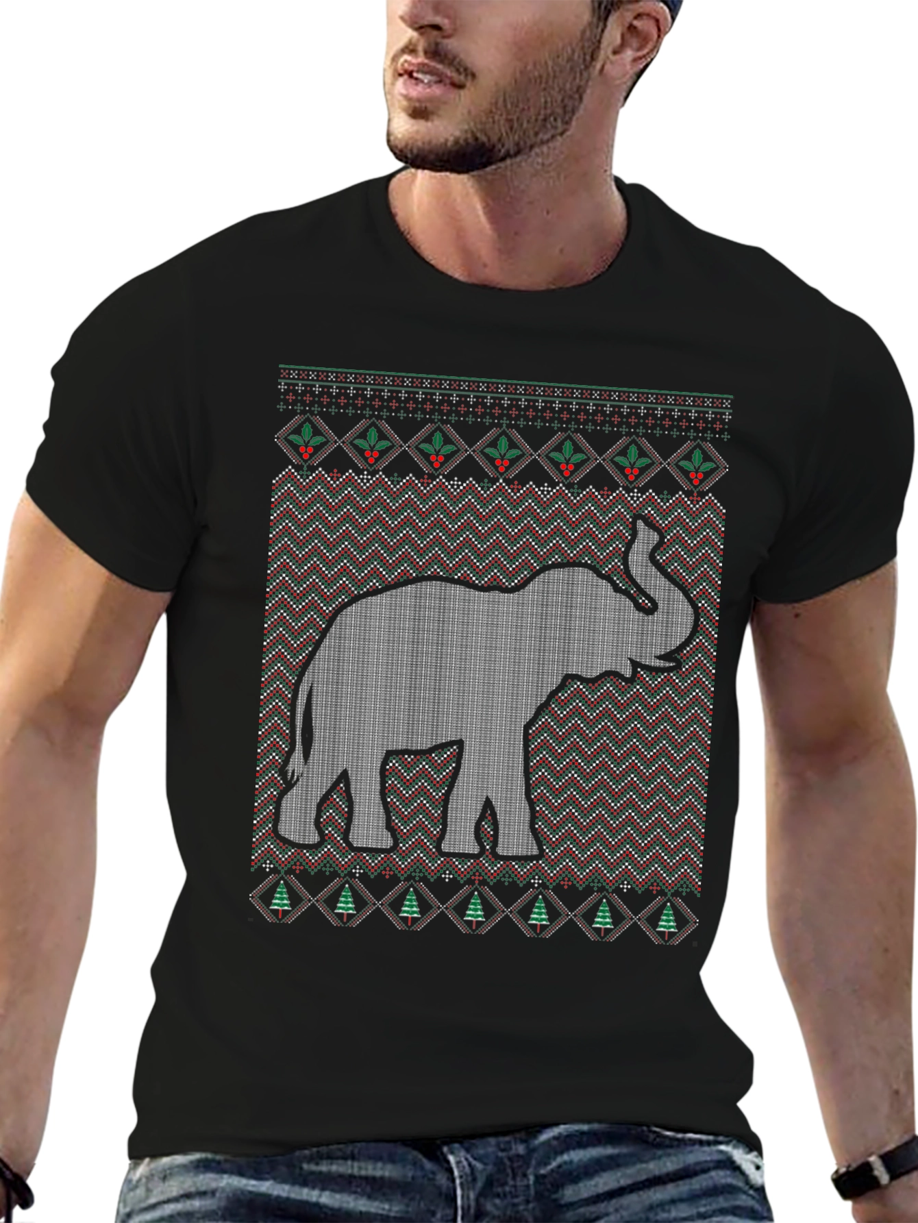 Elephant Ugly Christmas Sweater Style T-Shirt