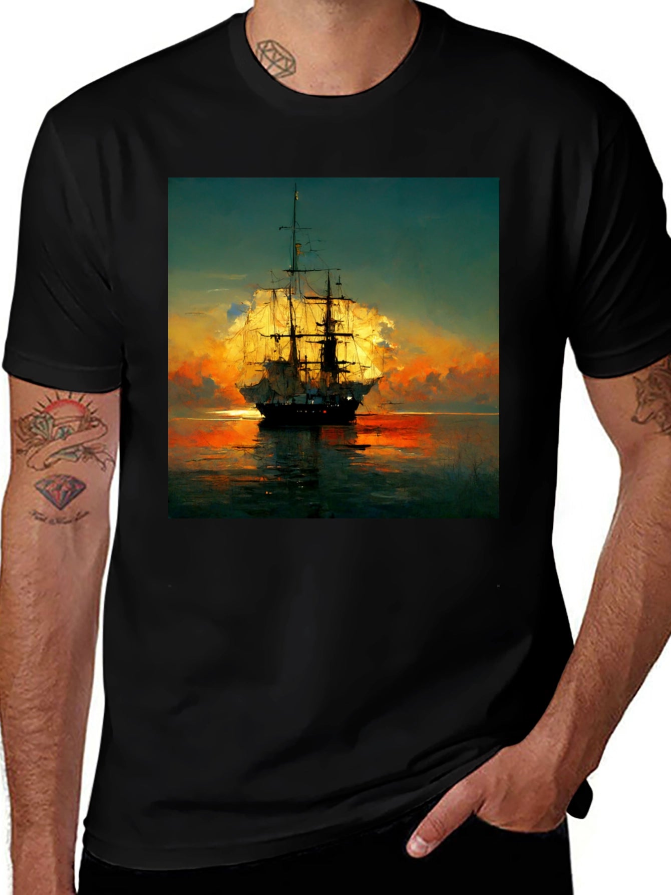 Sailing Ship Sunset T-Shirt - Artistic Sea Adventure