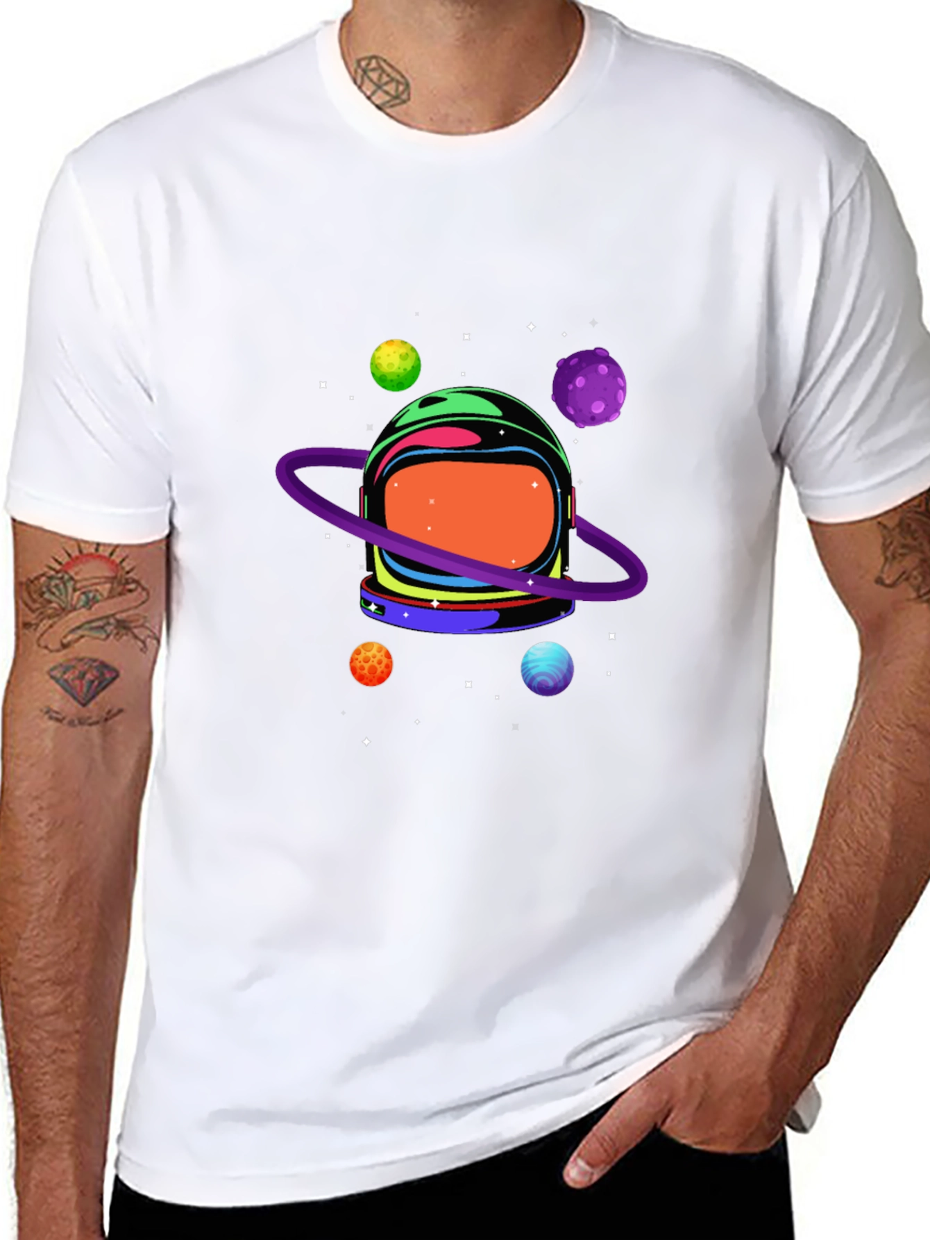 Astronaut Helmet & Planets Graphic Print Black Tee