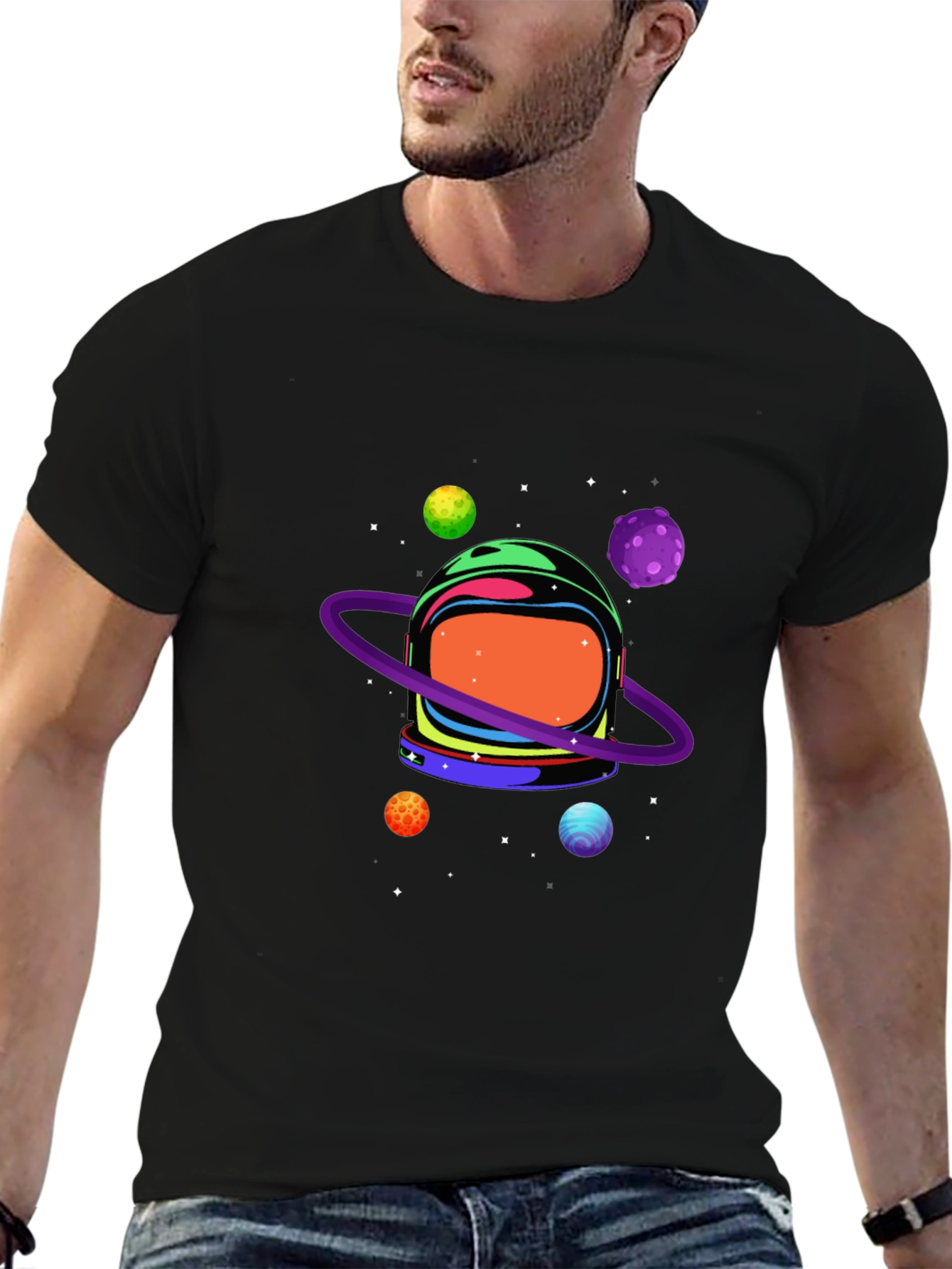Astronaut Helmet & Planets Graphic Print Black Tee