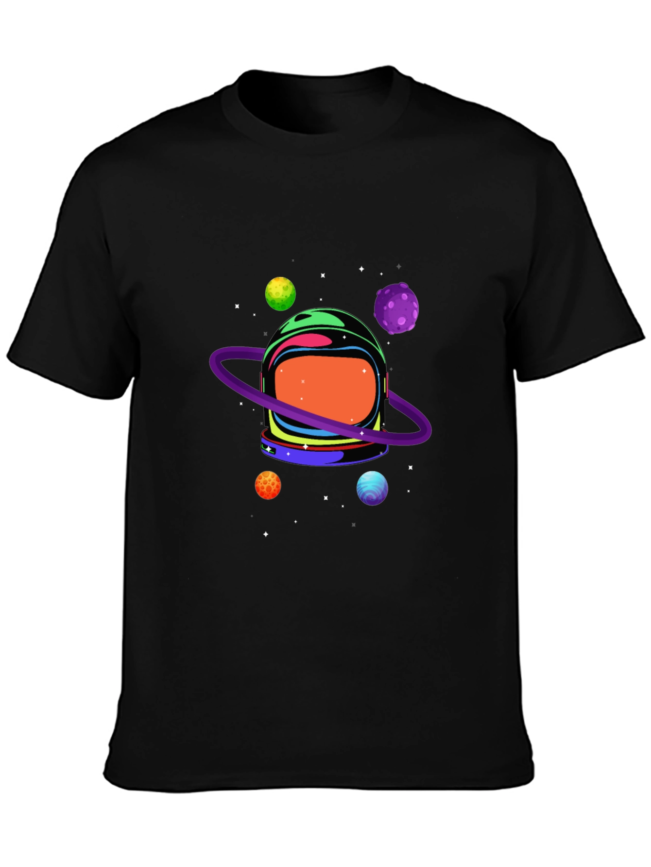 Astronaut Helmet & Planets Graphic Print Black Tee