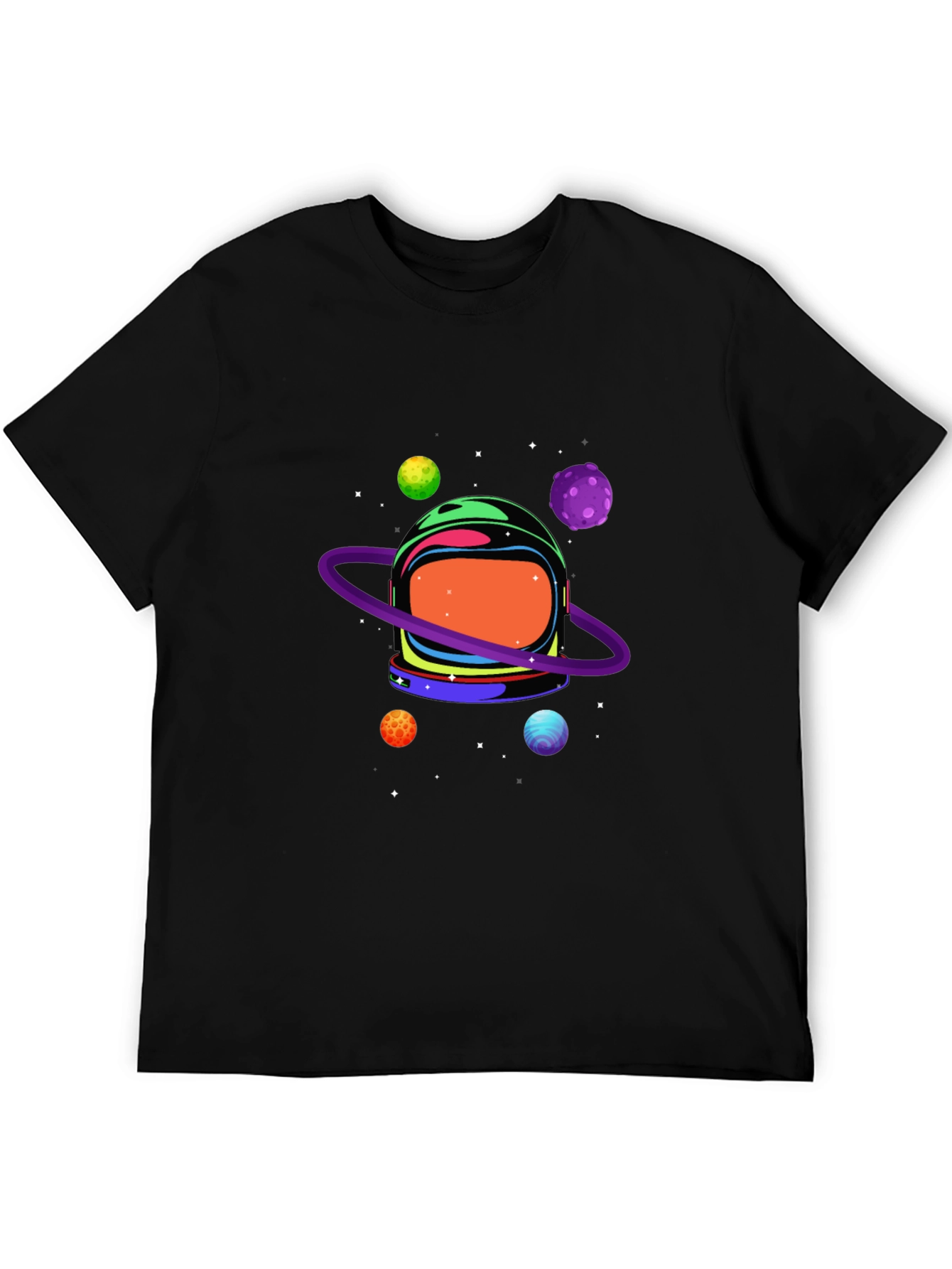 Astronaut Helmet & Planets Graphic Print Black Tee