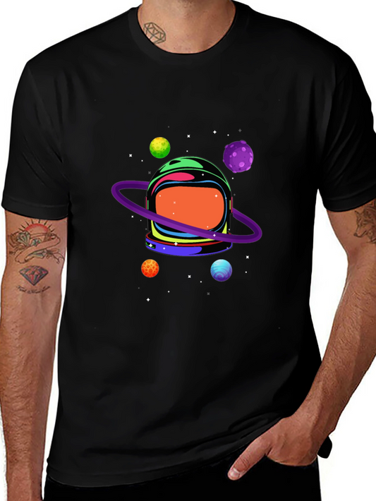 Astronaut Helmet & Planets Graphic Print Black Tee