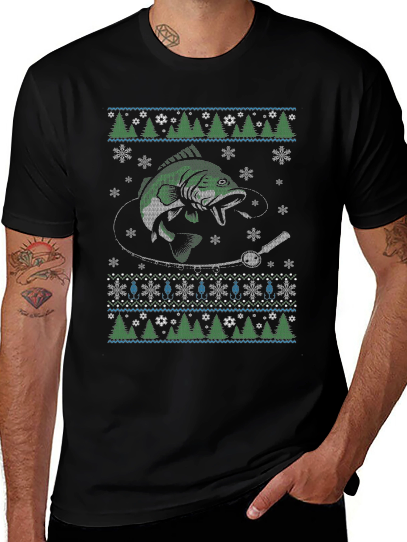 Fishing Ugly Christmas Sweater Style T-Shirt