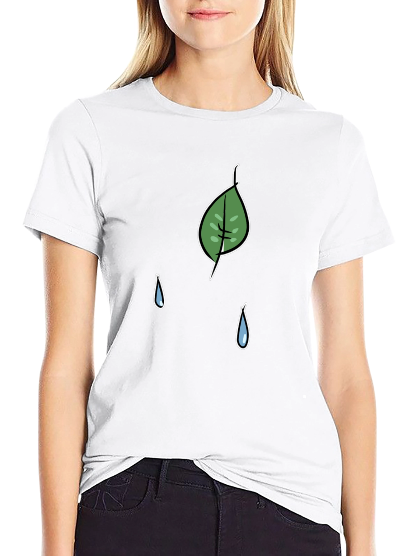 Leaf and Raindrop Graphic Black T-Shirt