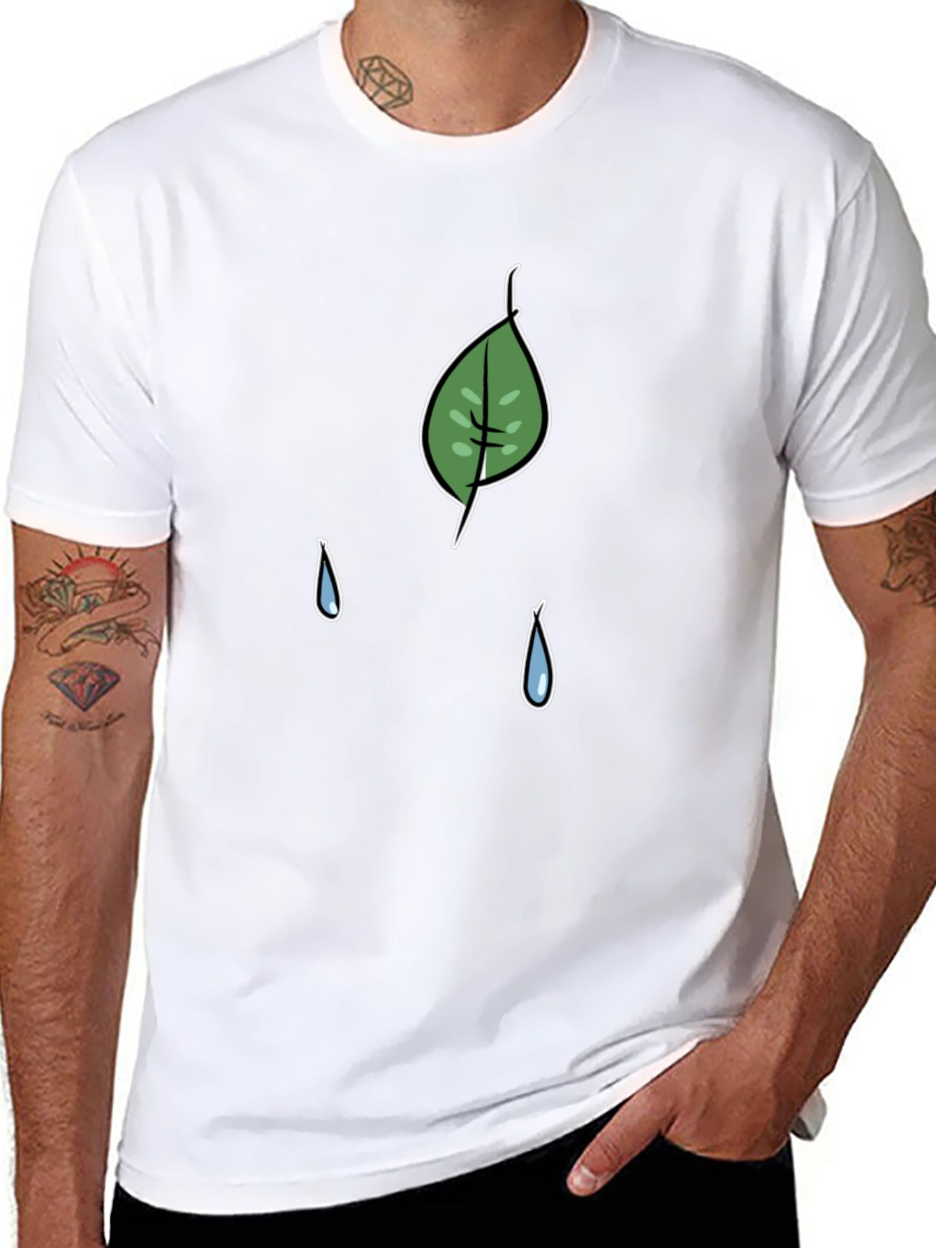 Leaf and Raindrop Graphic Black T-Shirt