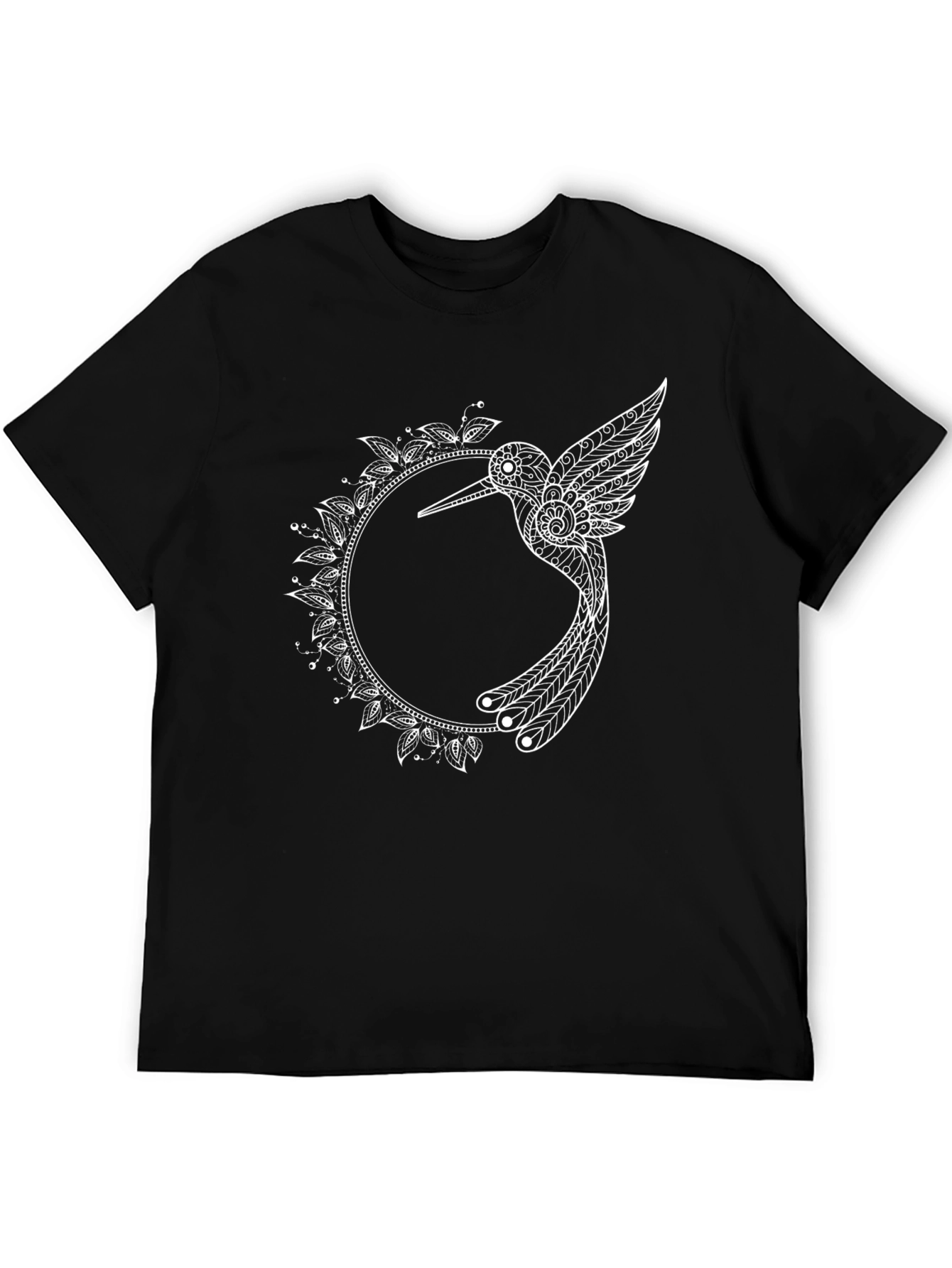 Black T-Shirt with Hummingbird Mandala Design