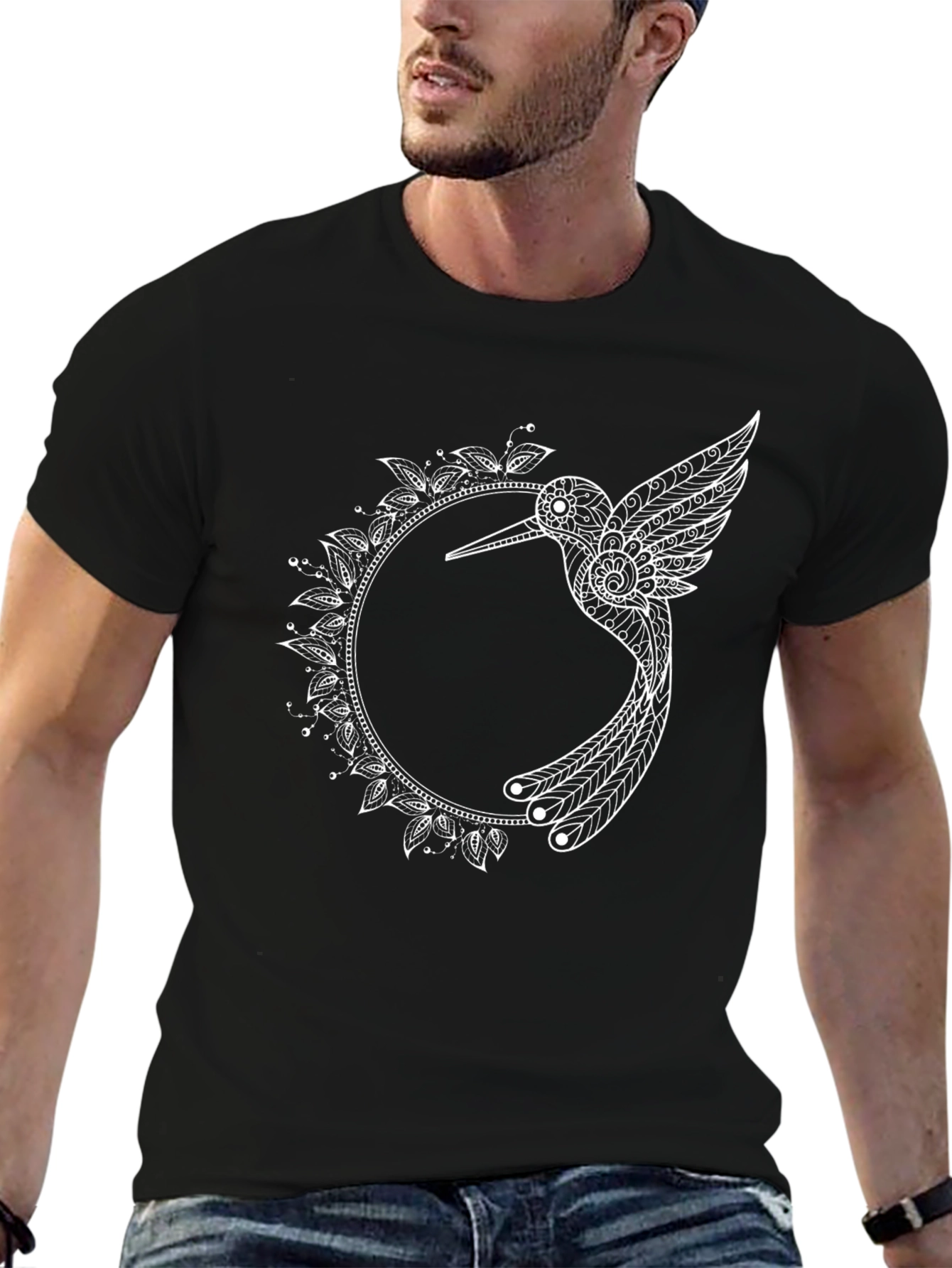 Black T-Shirt with Hummingbird Mandala Design