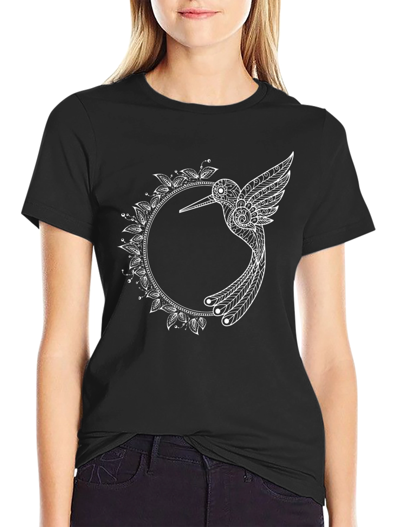 Black T-Shirt with Hummingbird Mandala Design