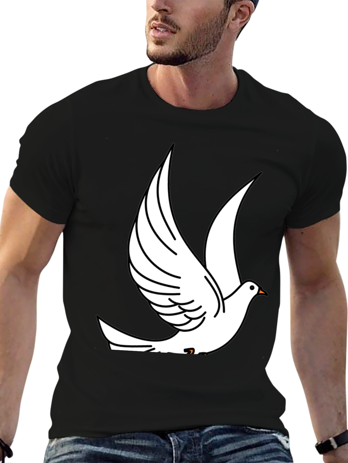 Black T-Shirt with White Dove Graphic