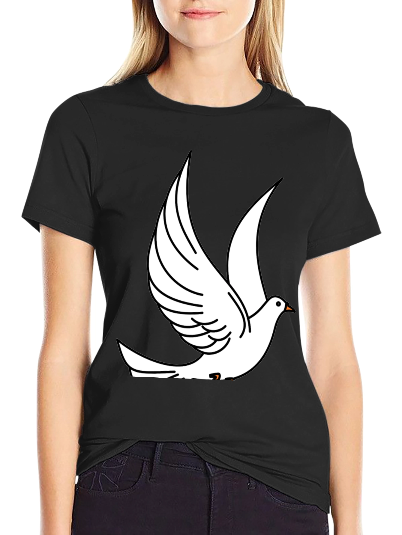 Black T-Shirt with White Dove Graphic