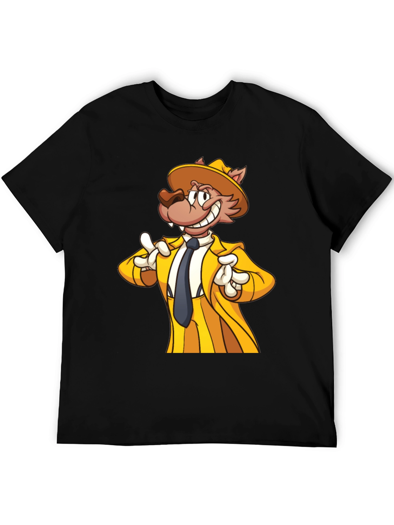 Cartoon Wolf in Yellow Suit - Mens Black T-Shirt