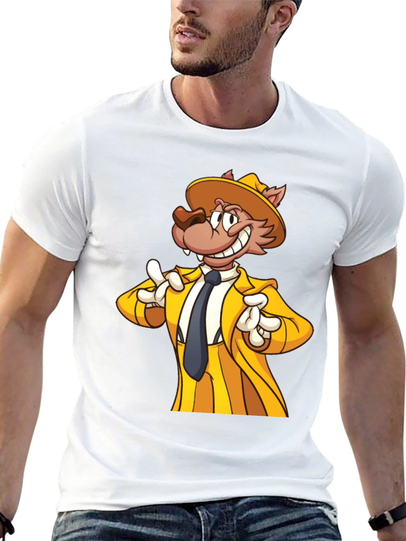 Cartoon Wolf in Yellow Suit - Mens Black T-Shirt