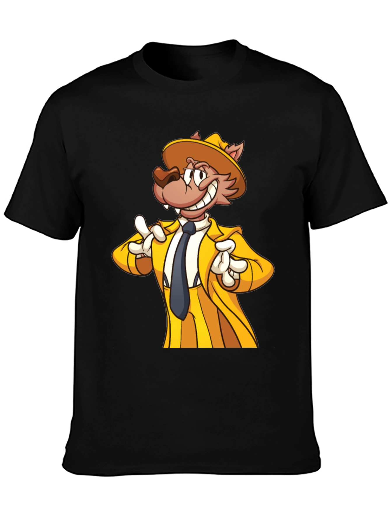 Cartoon Wolf in Yellow Suit - Mens Black T-Shirt