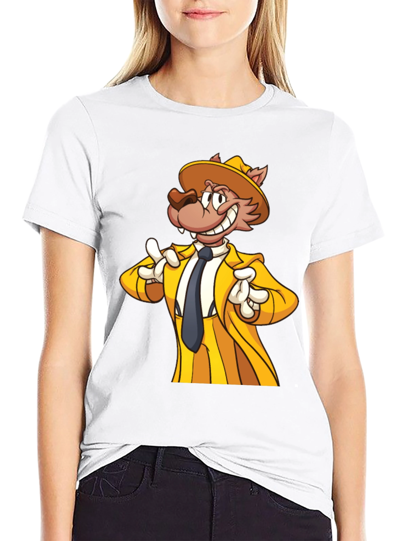 Cartoon Wolf in Yellow Suit - Mens Black T-Shirt