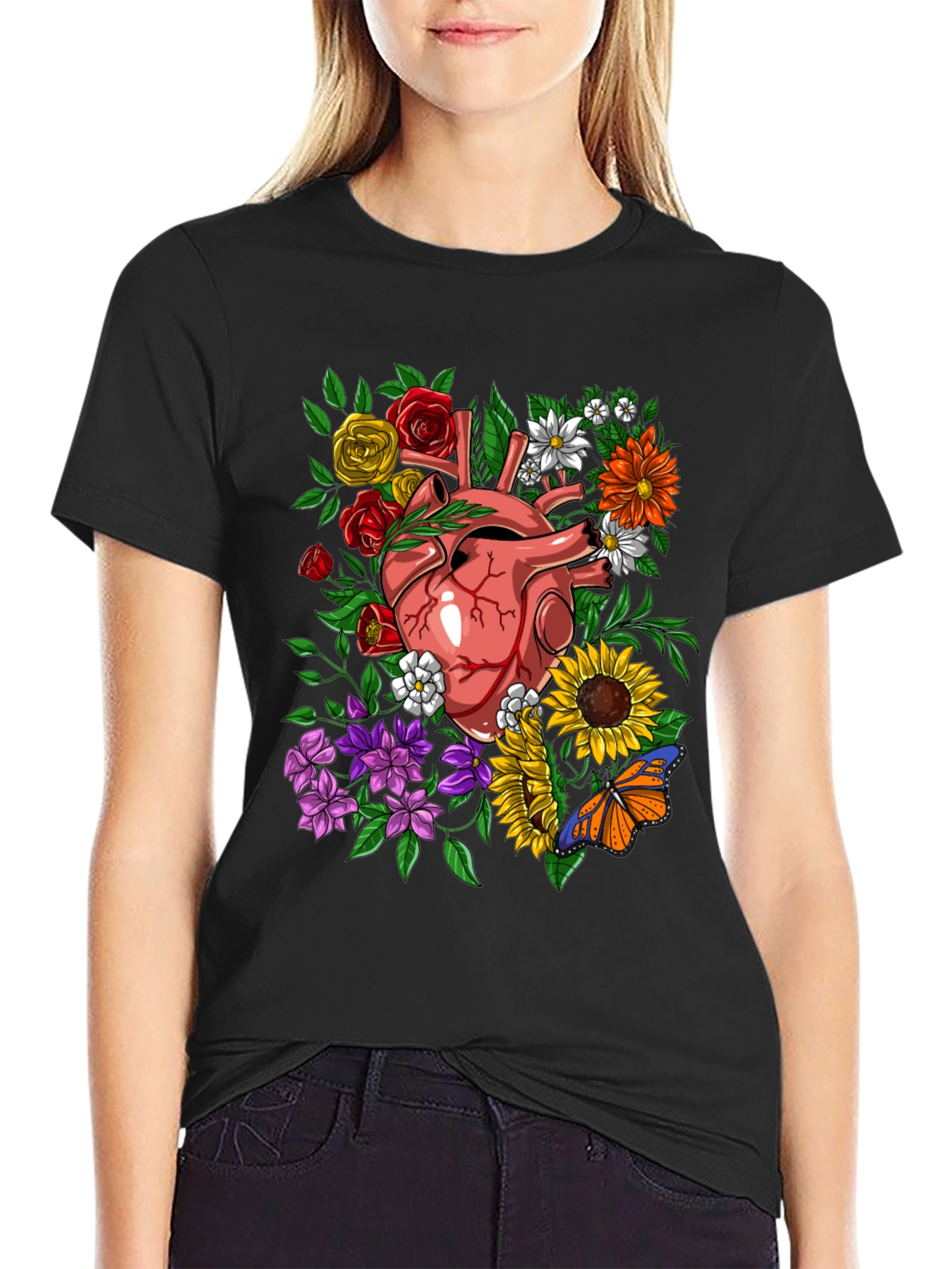 Floral Heart Graphic T-Shirt - Unique Anatomical Art