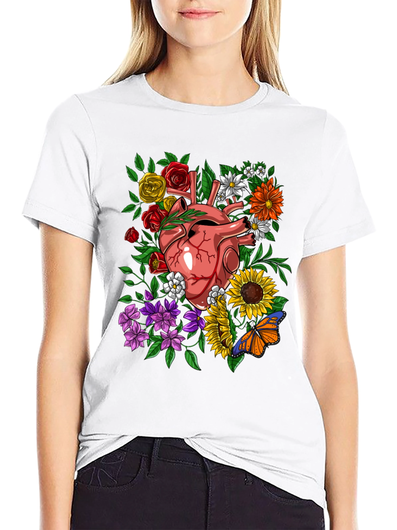 Floral Heart Graphic T-Shirt - Unique Anatomical Art