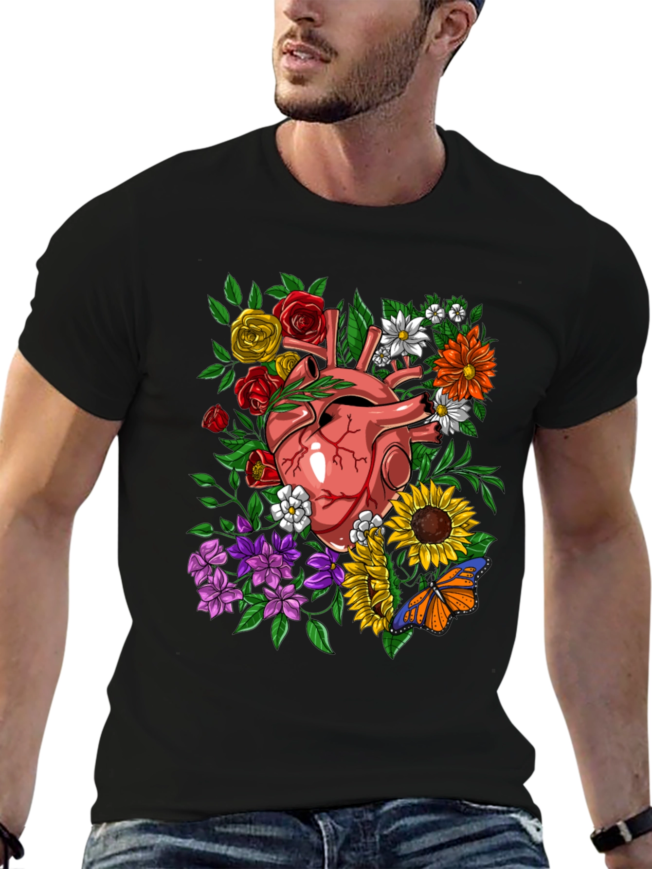 Floral Heart Graphic T-Shirt - Unique Anatomical Art