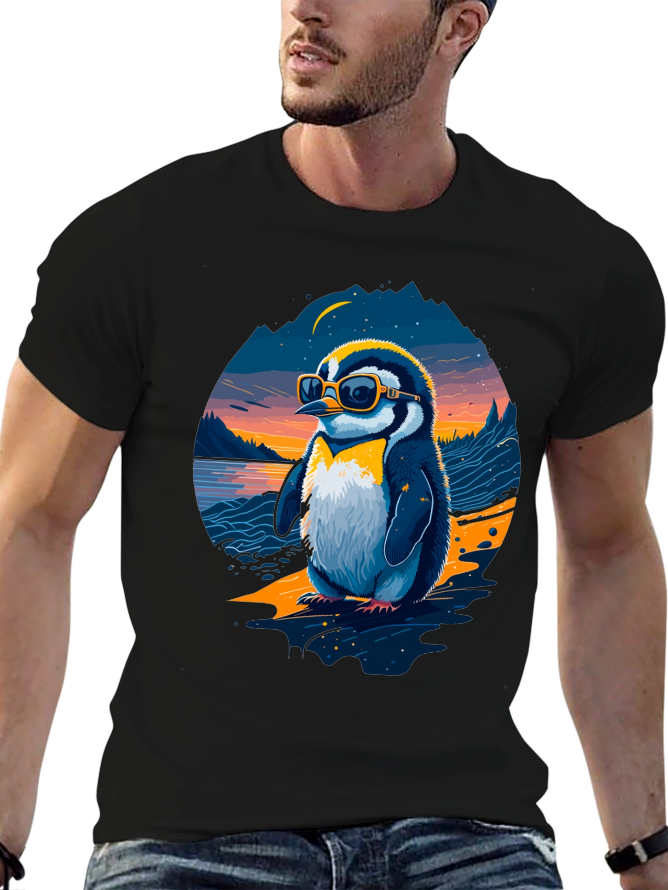 Cool Penguin Graphic Tee - Black Cotton Blend