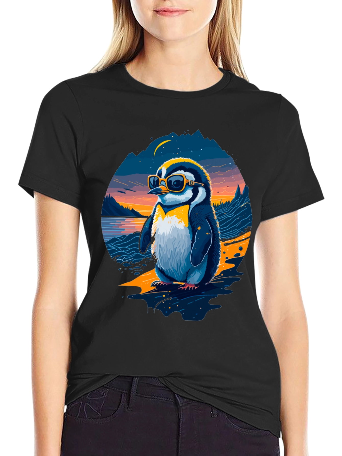 Cool Penguin Graphic Tee - Black Cotton Blend
