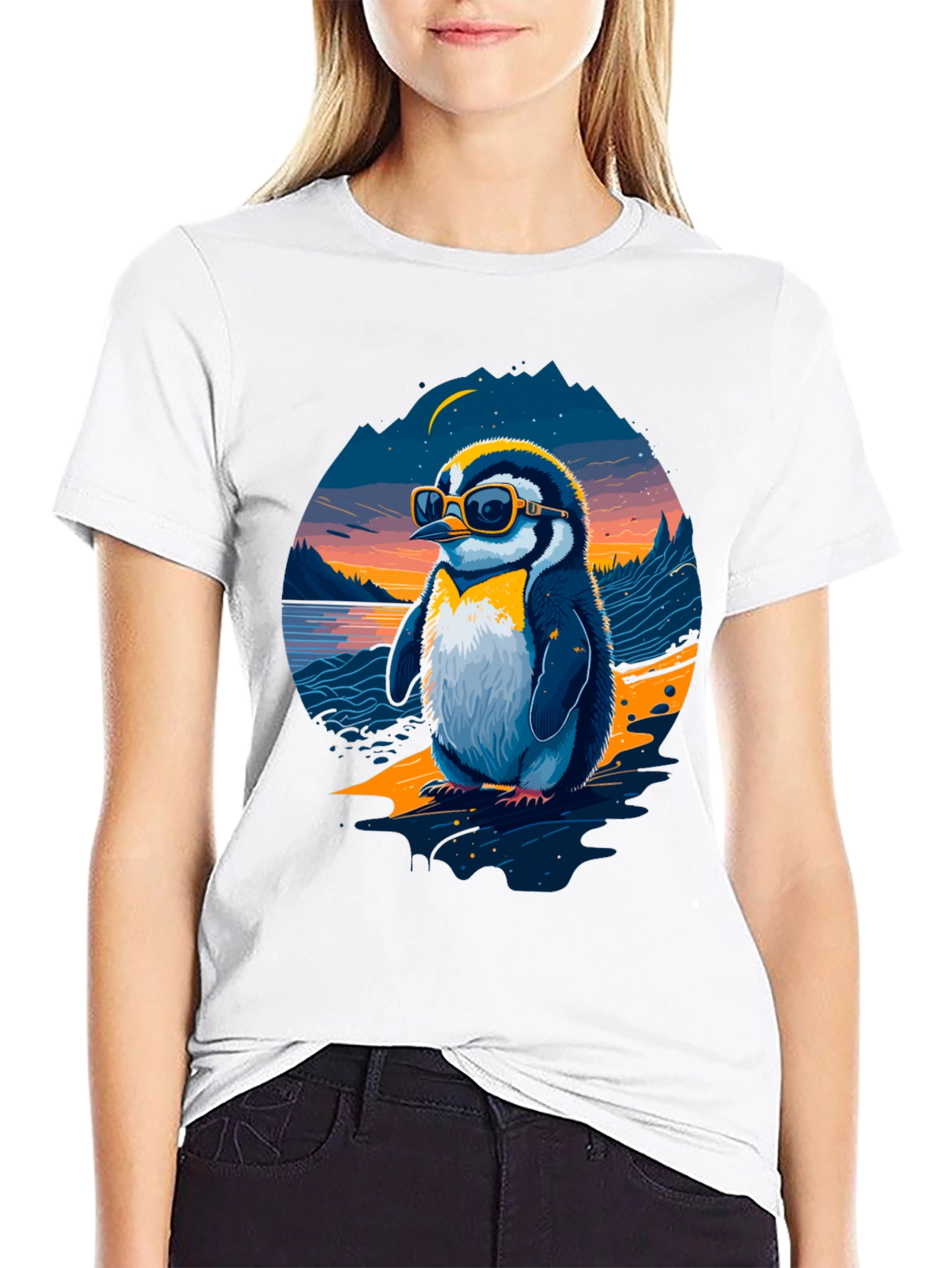 Cool Penguin Graphic Tee - Black Cotton Blend