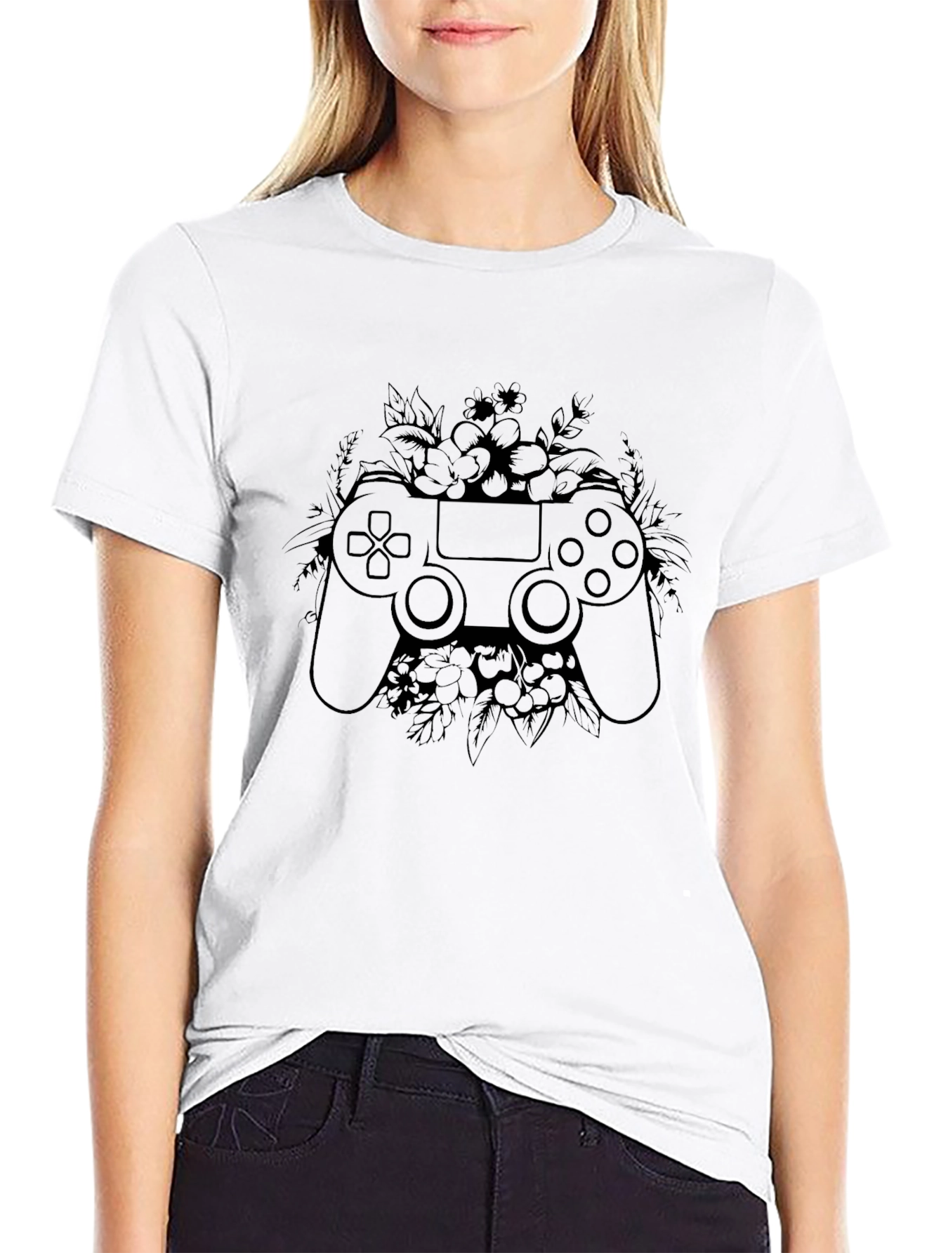 Gamer Floral Controller Graphic Tee - Black