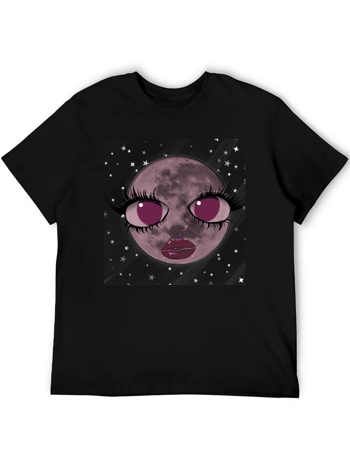 Cosmic Moon Face Graphic Tee - Black Cotton Blend
