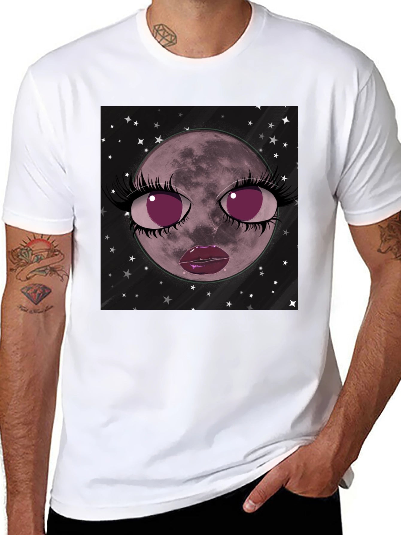 Cosmic Moon Face Graphic Tee - Black Cotton Blend