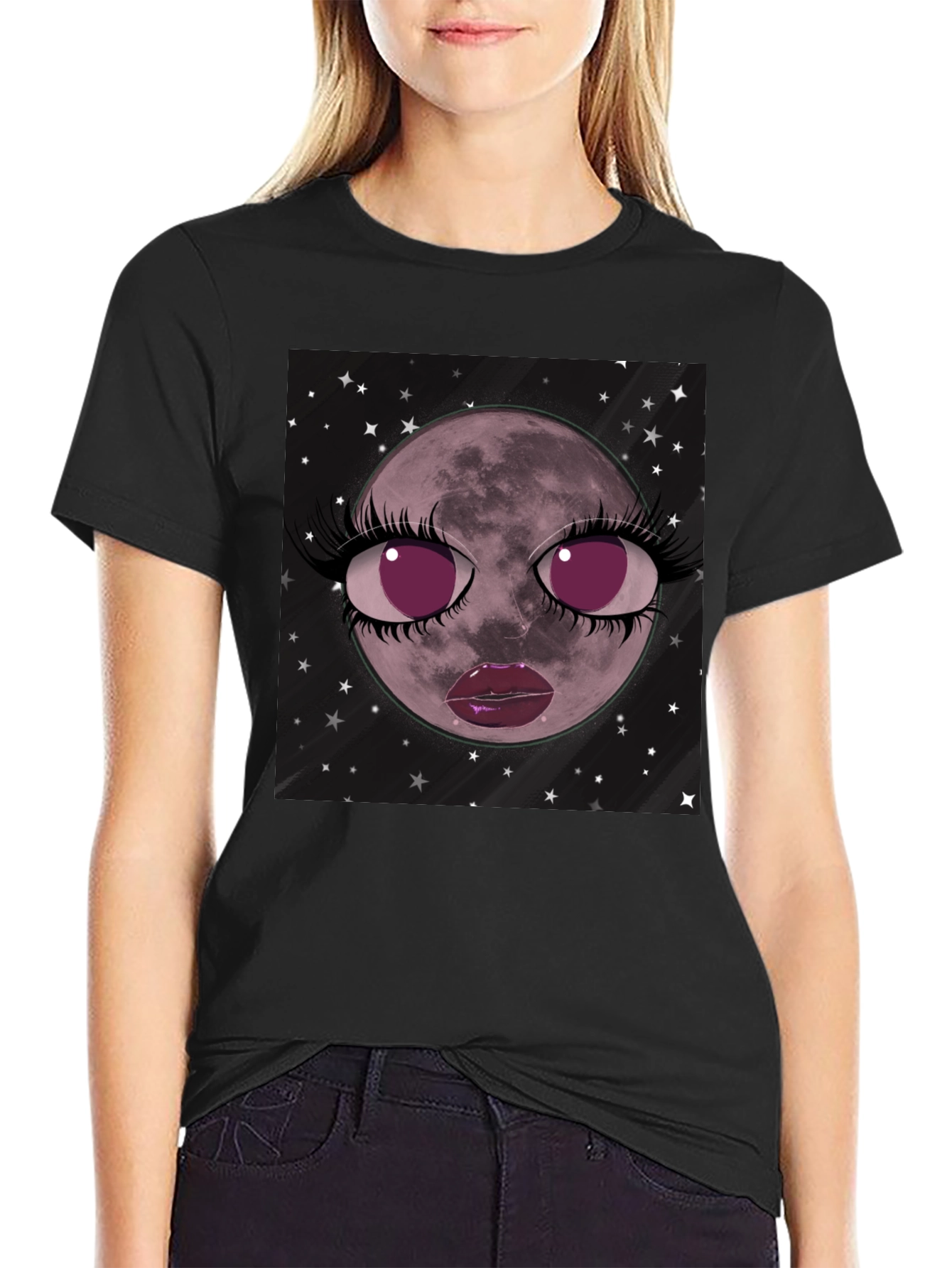 Cosmic Moon Face Graphic Tee - Black Cotton Blend