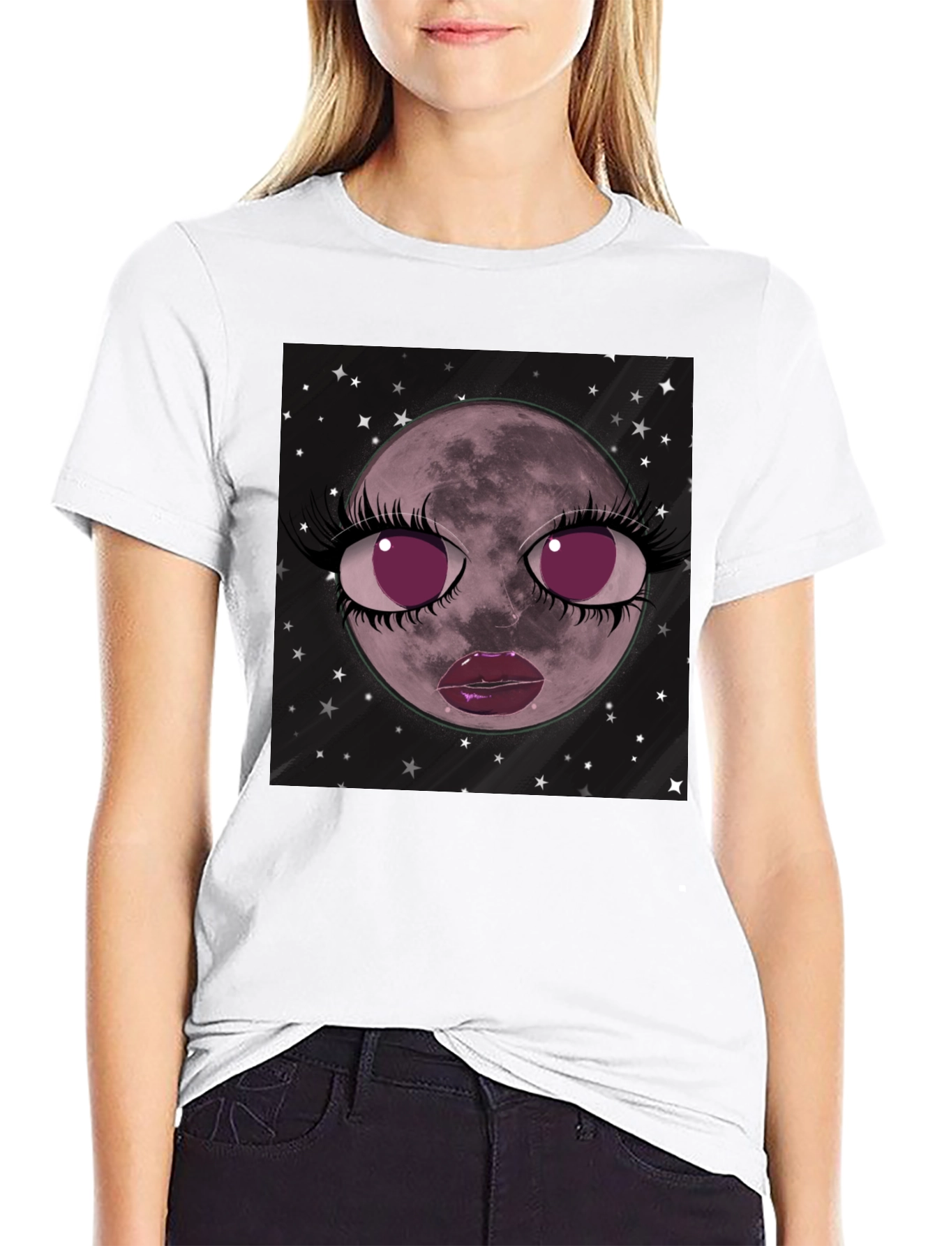 Cosmic Moon Face Graphic Tee - Black Cotton Blend