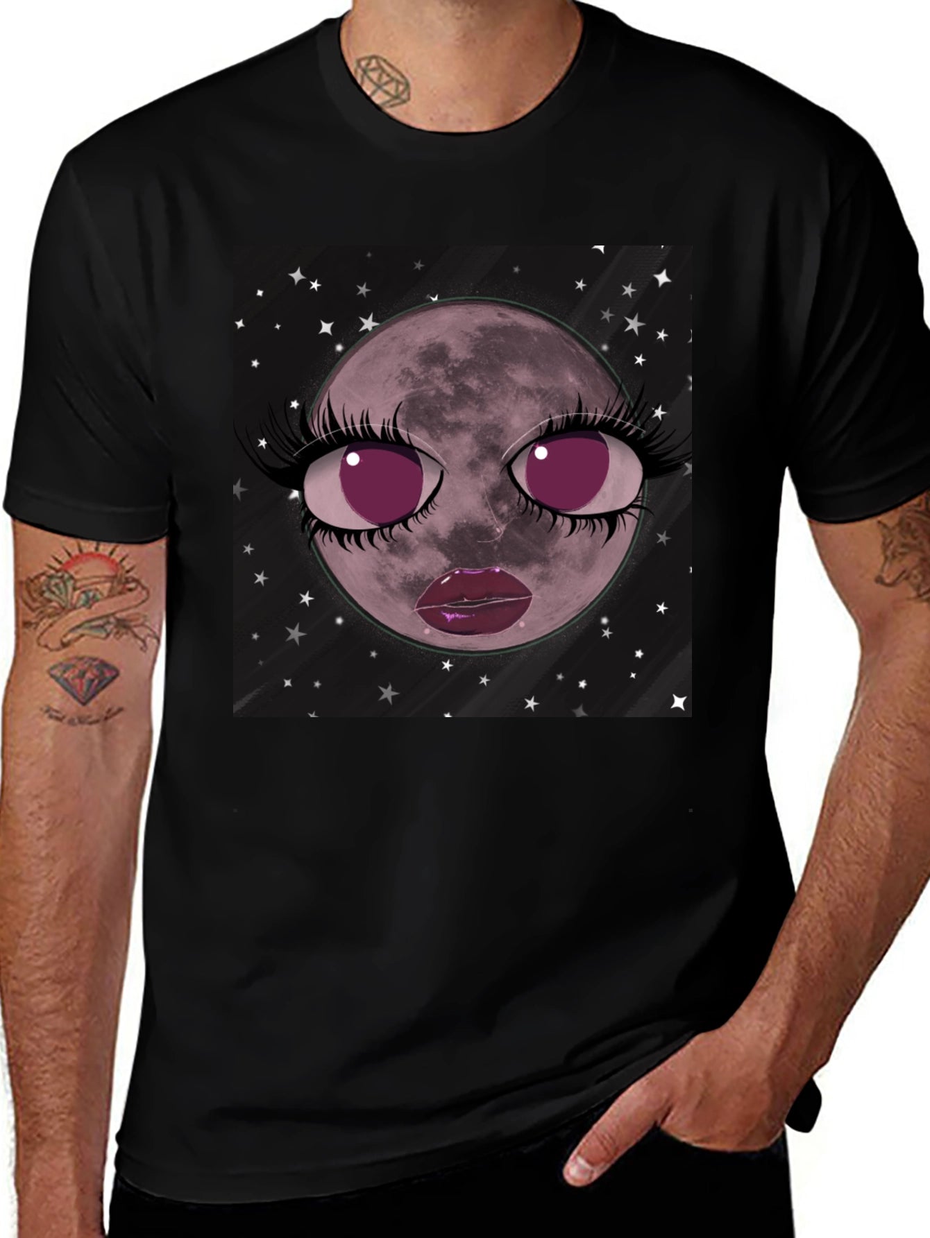 Cosmic Moon Face Graphic Tee - Black Cotton Blend
