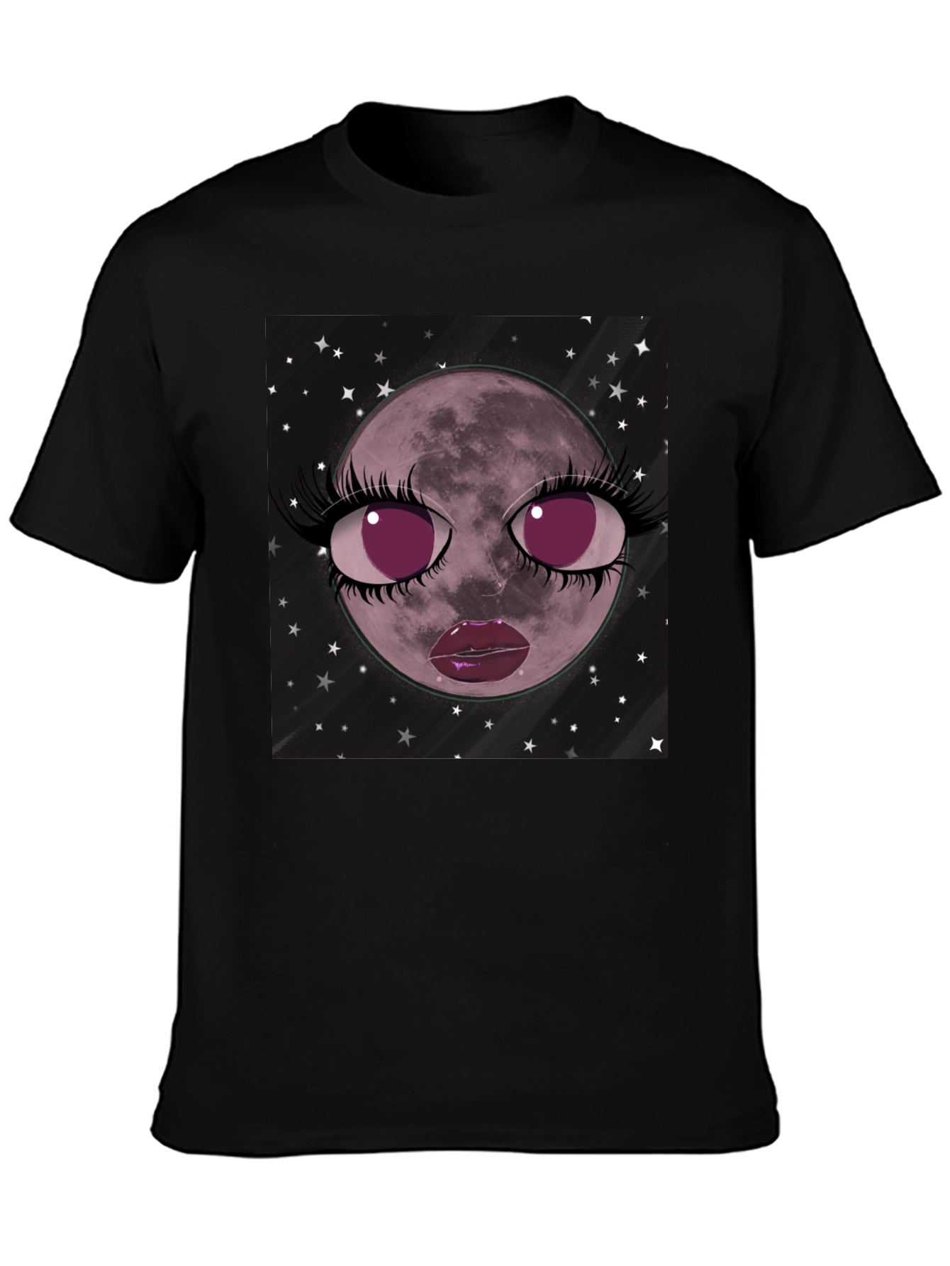 Cosmic Moon Face Graphic Tee - Black Cotton Blend