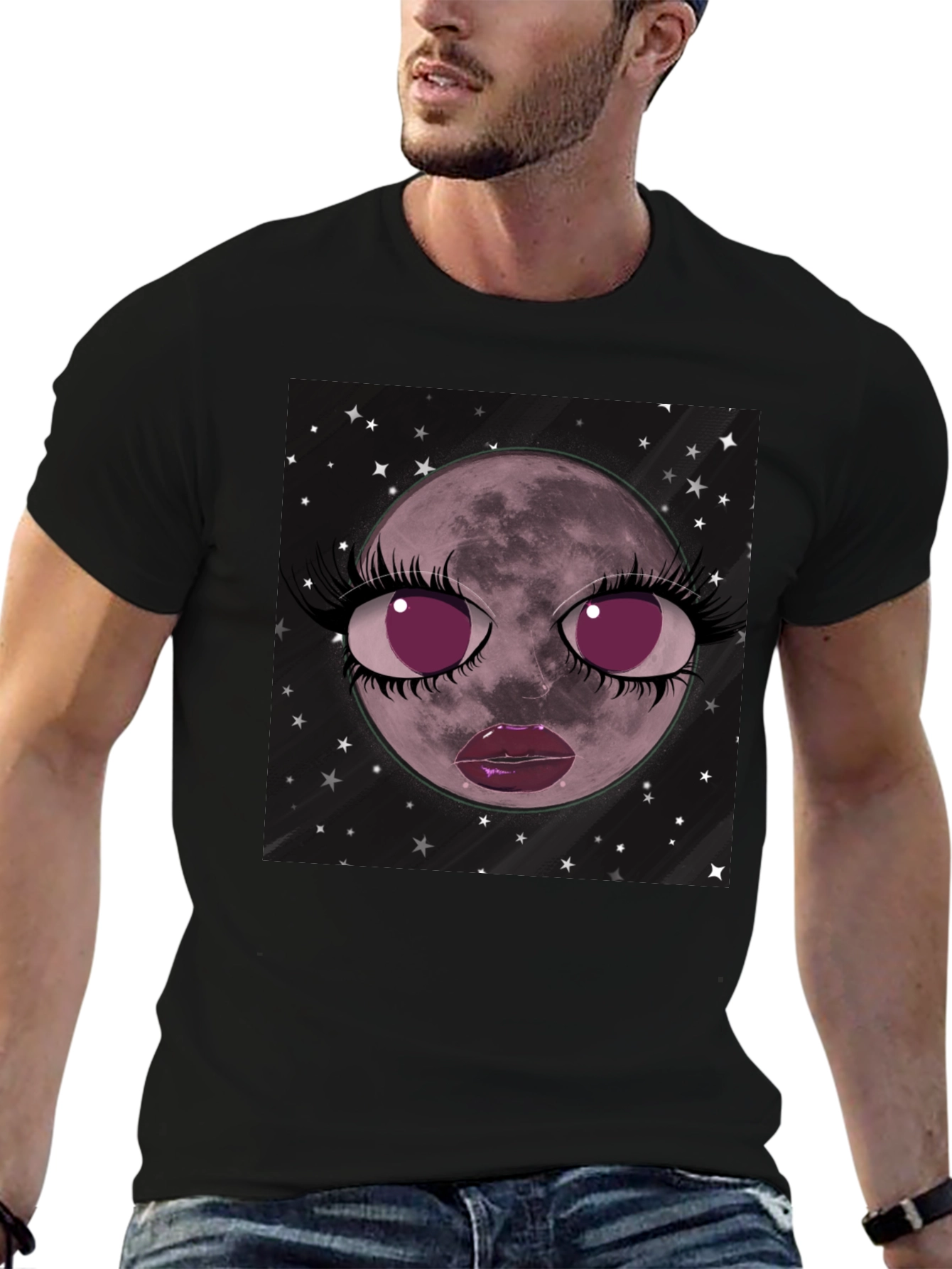 Cosmic Moon Face Graphic Tee - Black Cotton Blend