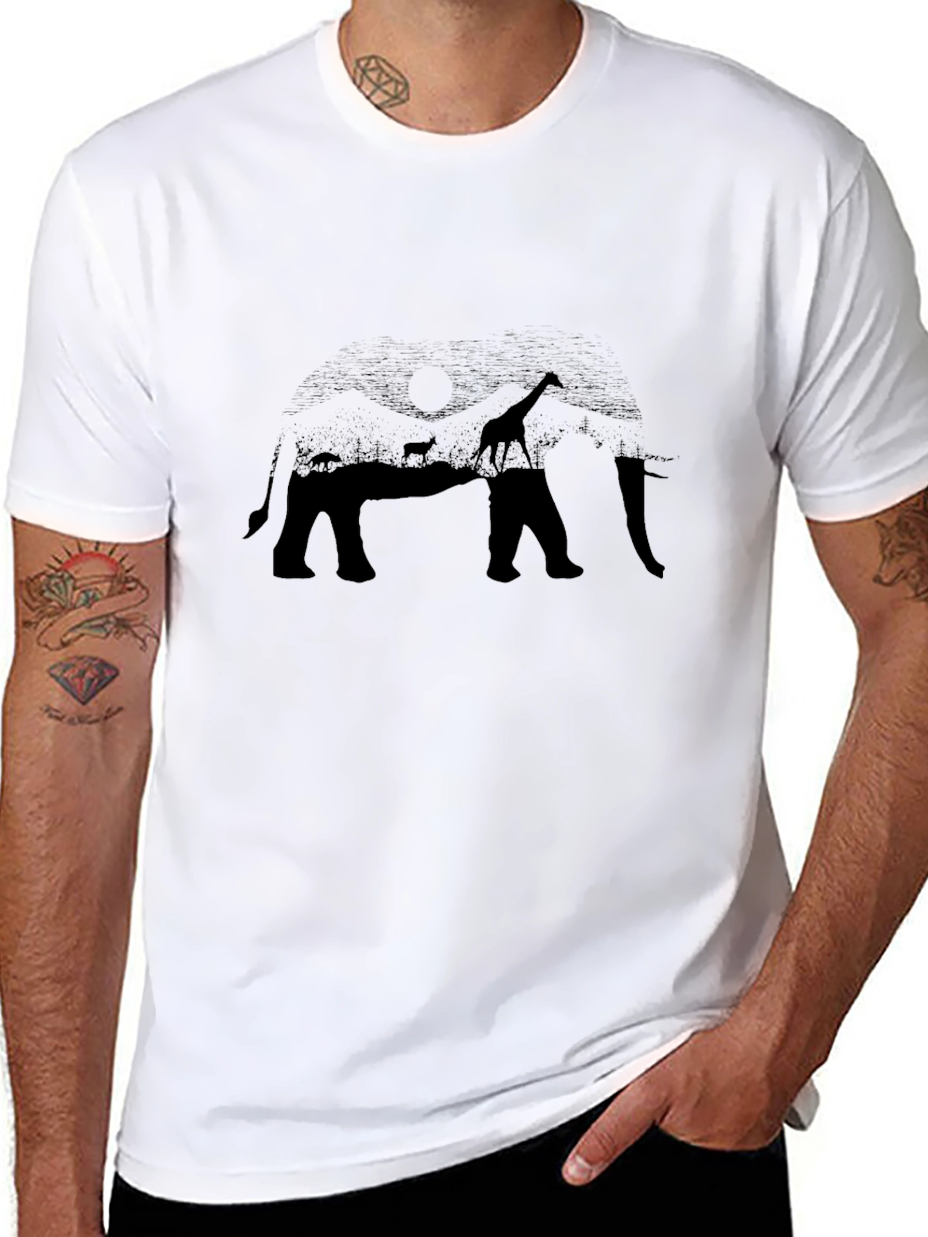 Elephant Safari Print Black T-Shirt