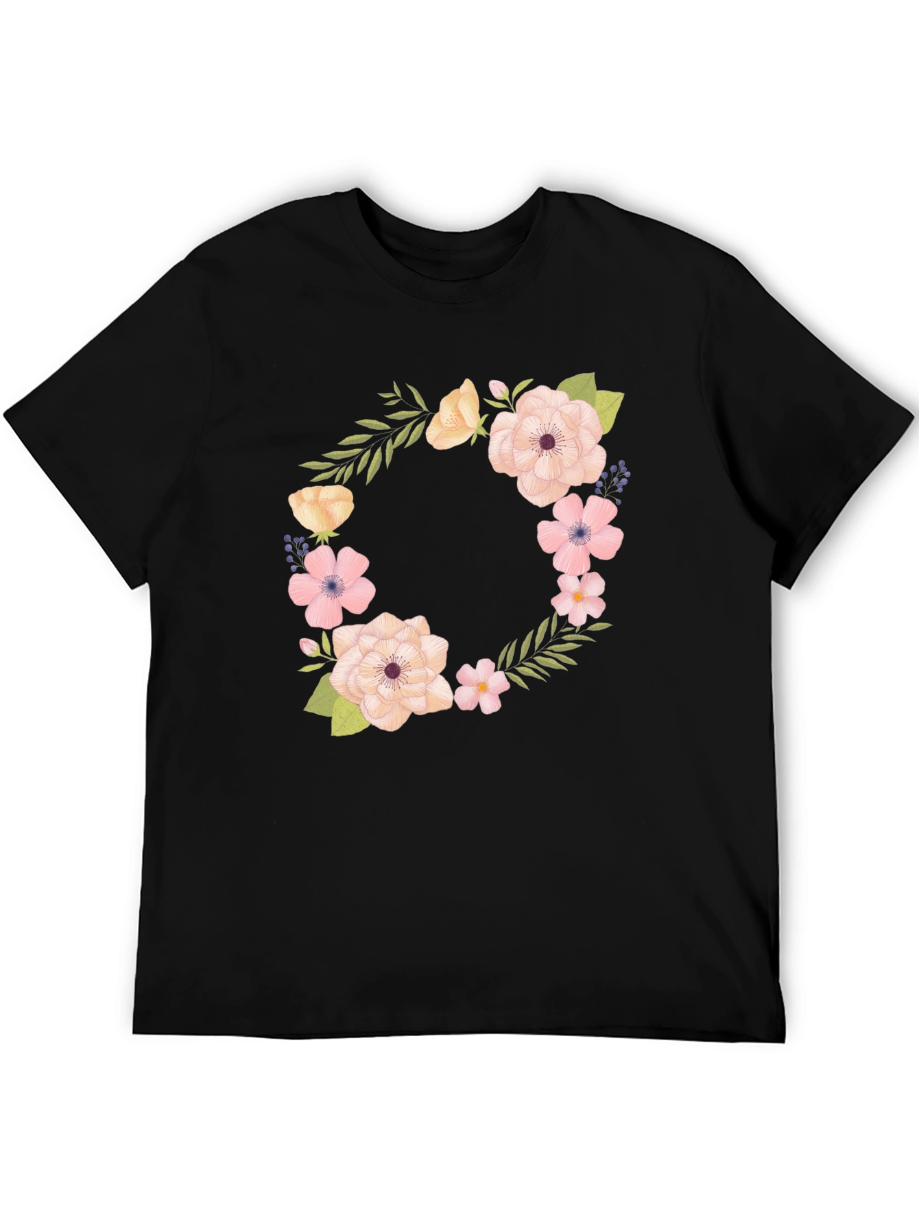 Floral Wreath Design Black T-Shirt