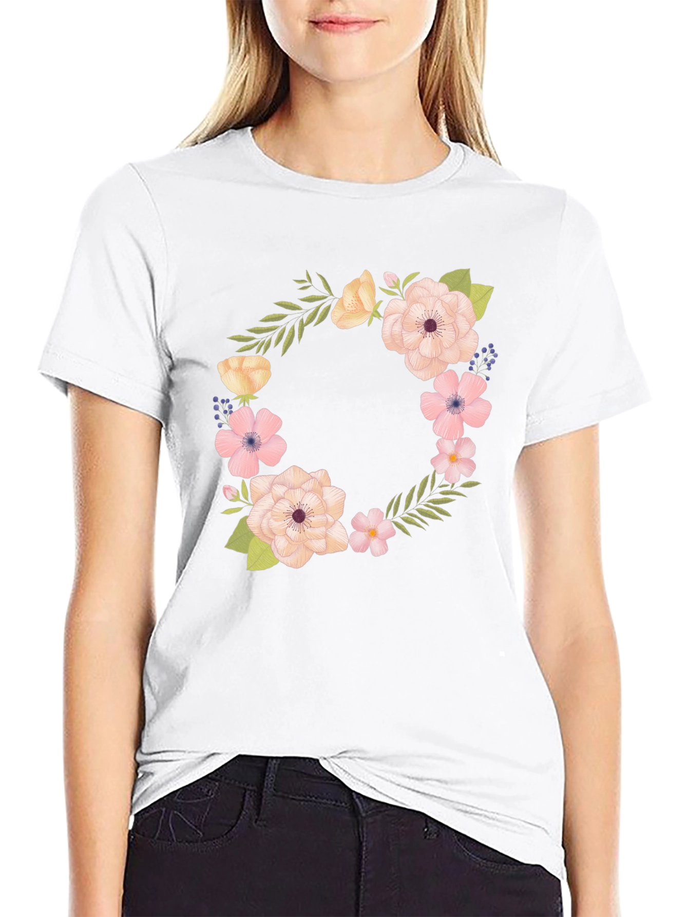 Floral Wreath Design Black T-Shirt